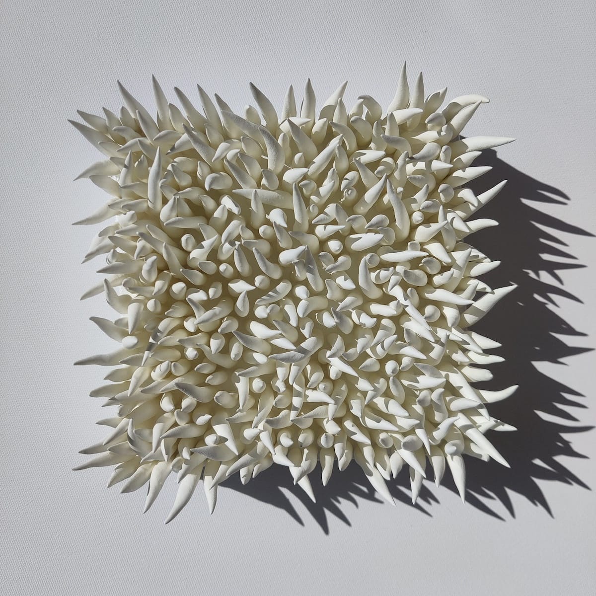 a spiny clay sculpture on a wall