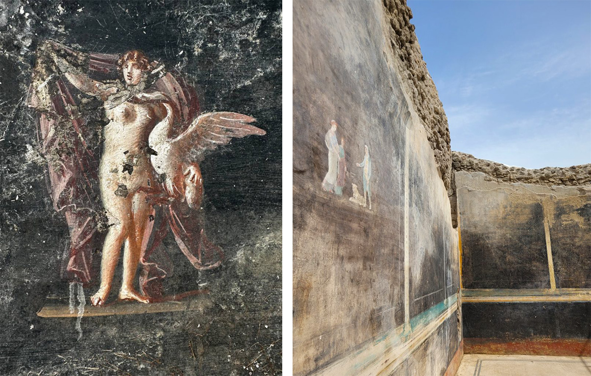 a side by side image showing details of a fresco in a Pompeii home's banquet room