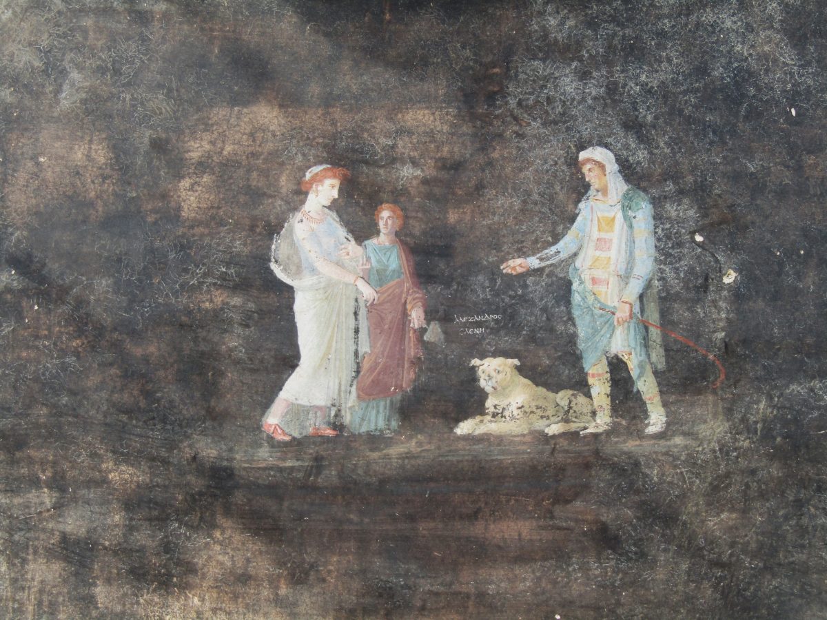 detail of a fresco partly obscured under rubble in a Pompeii home's banquet room, showing an architectural border and figures from Greek mythology, including a dog