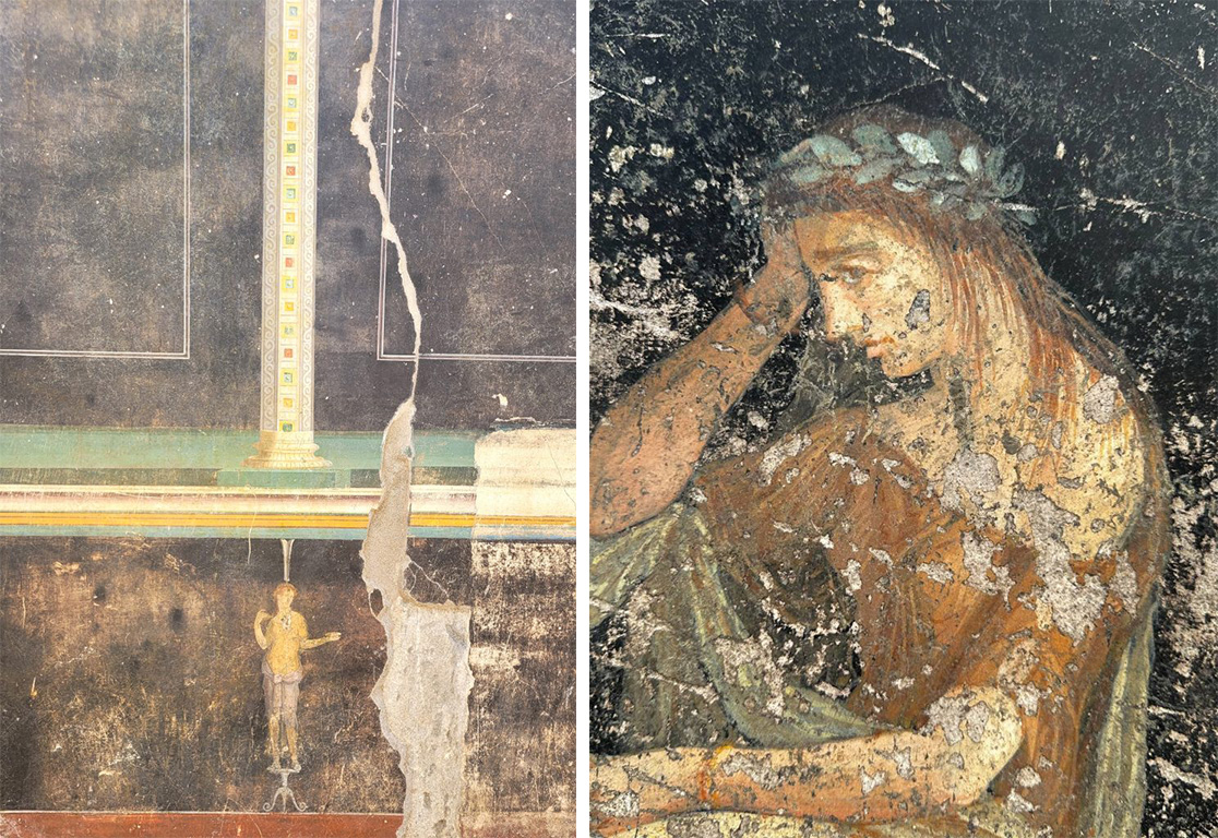 two images side by side showing (on the left) a small figure on a black background below an architectural detail, and (on the right) a Greek mythological figure in profile, wearing robes and an olive wreath