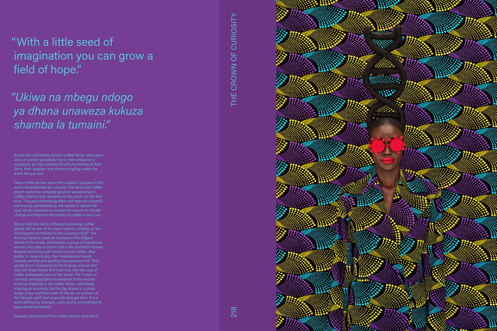 a book spread with text on one side and a portrait of the artist against a patterned yellow, purple, and blue backdrop. she's wearing bright red eyewear