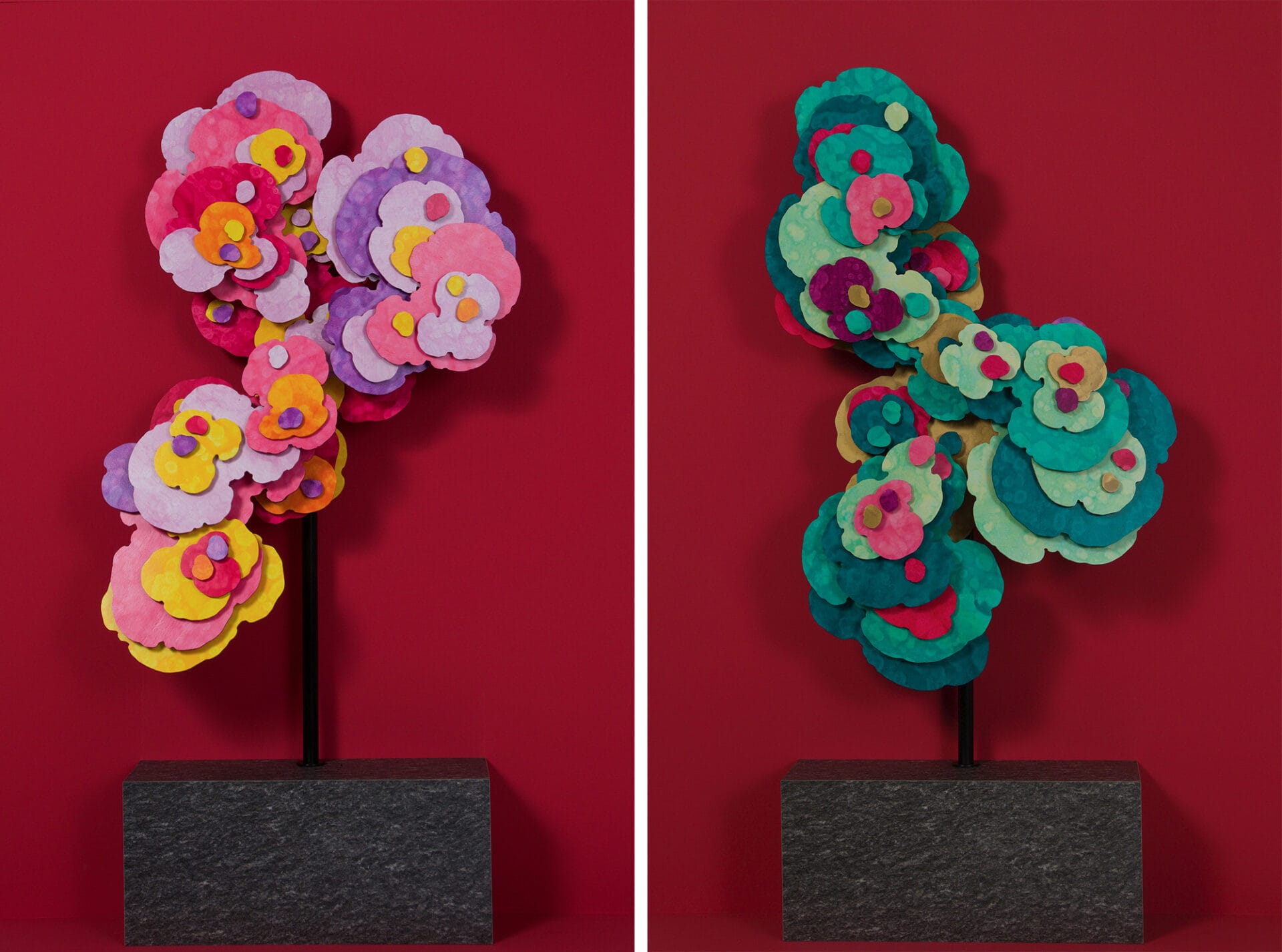 two images side by side, both showing small flower-like abstract sculptures on small pedestals in front of bright red backgrounds