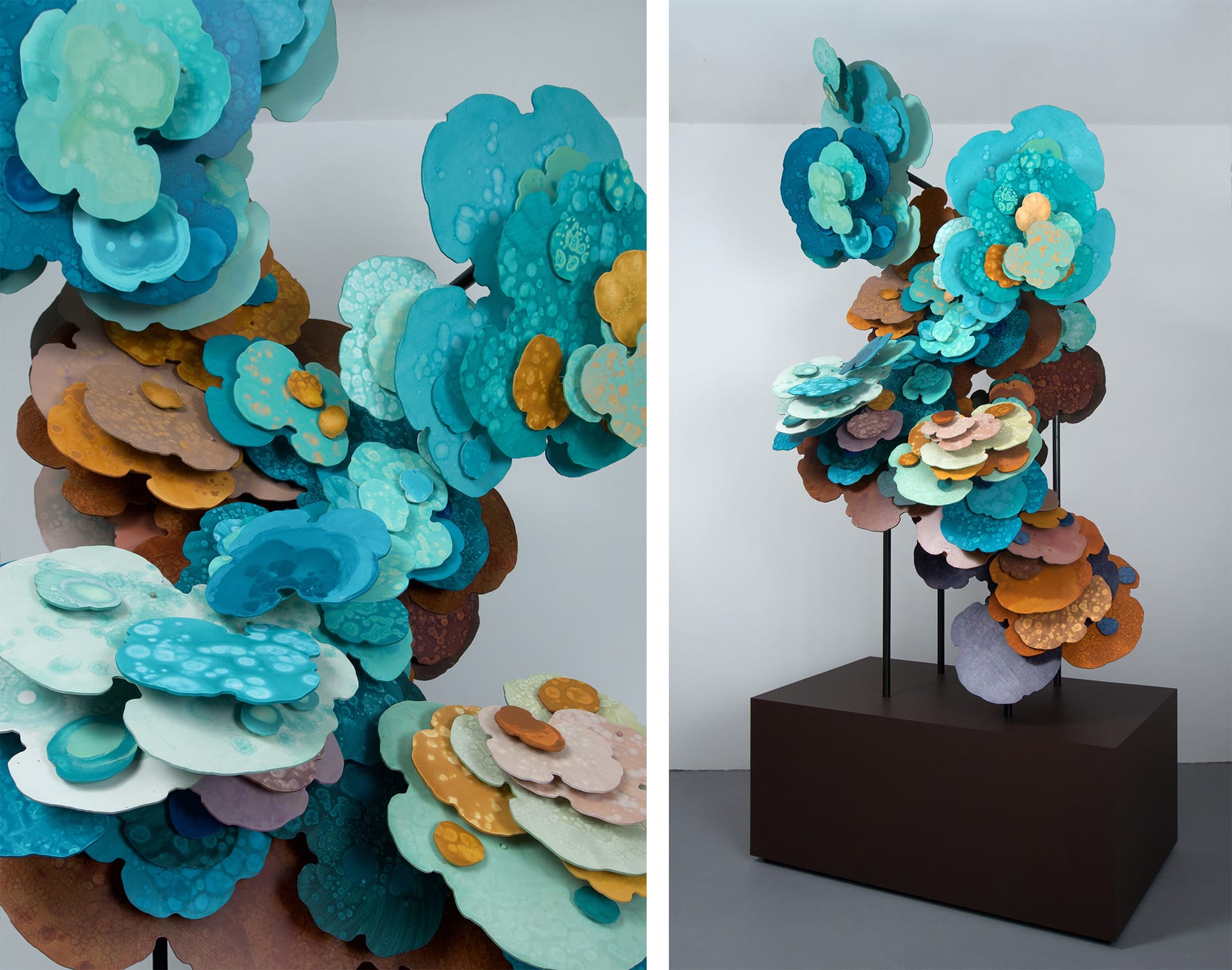 two images side-by-side of the same sculpture, the right side showing an overview of a teal and brown abstract sculpture that resembles florals or lichen, and the left side showing a detail of the petal-like shapes