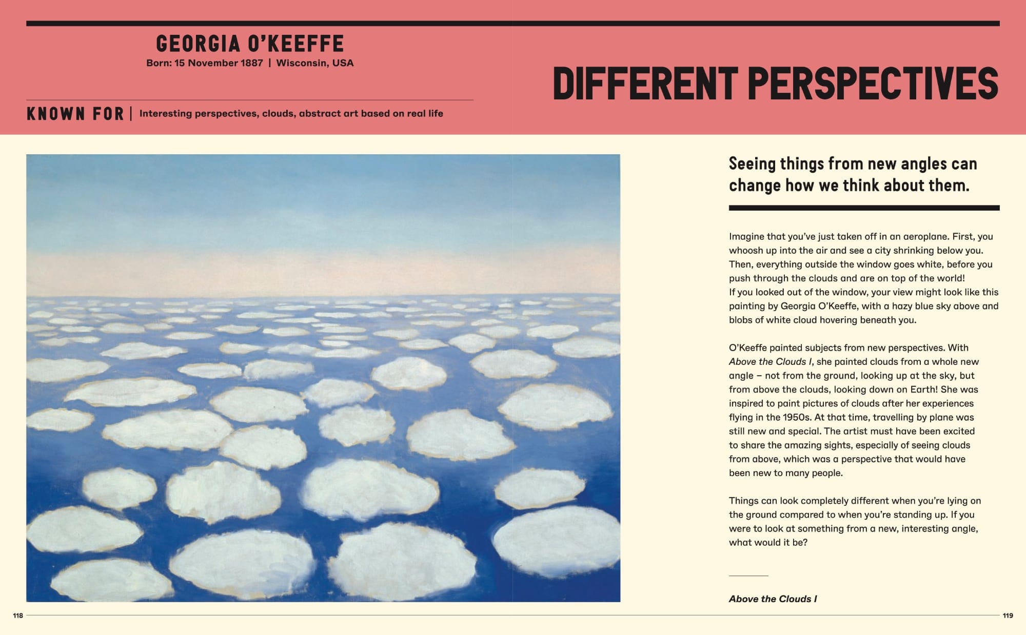 a book spread featuring a cloud work by Georgia O'keefe with text about the piece