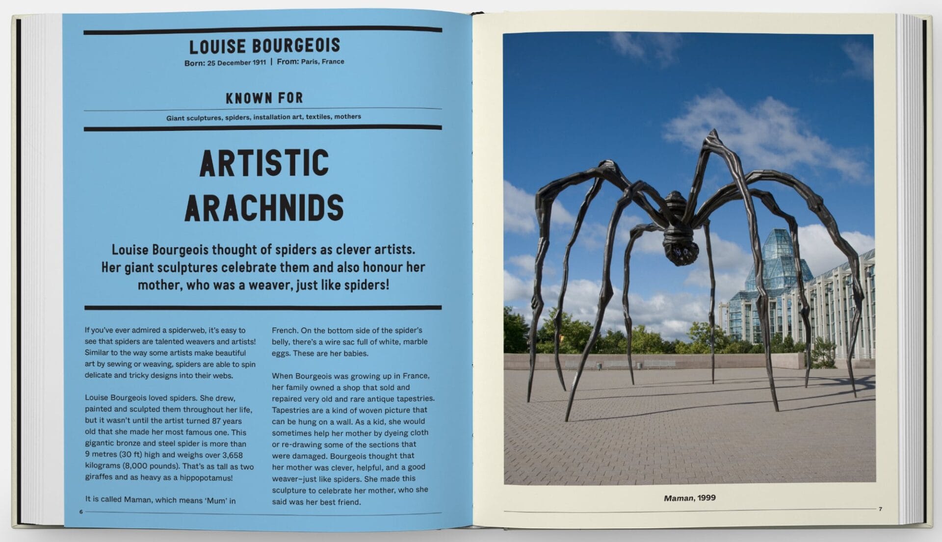 an open book spread with a large spider sculpture in a public place. on the left side the page says Louise Bourgeois and Artistic Arachnids