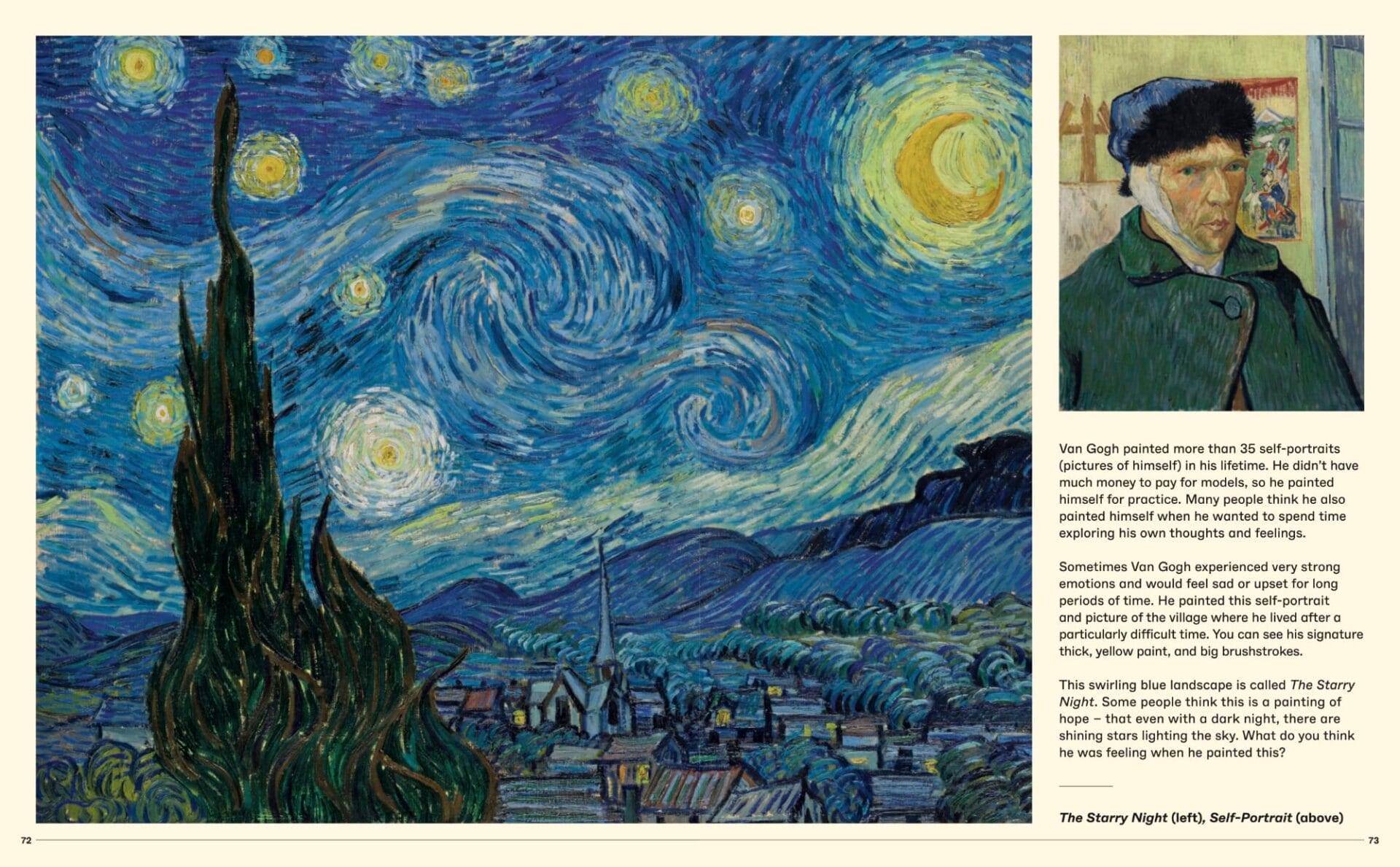 vincent van gogh's iconic the starry night painting with a swirling blue sky and town below. plus a self portrait of the artist and brief text