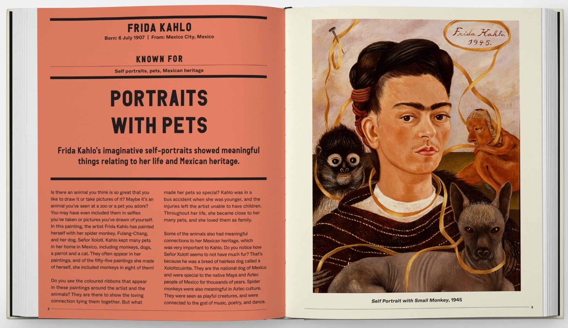 an open book spread with a portrait of Frida Kahlo and her dog and monkey with text about her and Portraits with Pets on the left page