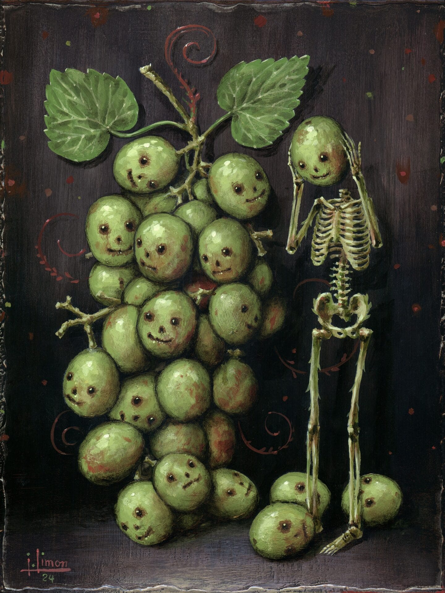 a green skeleton picks up a grape from a bunch and fits it on its neck. all the grapes have faces
