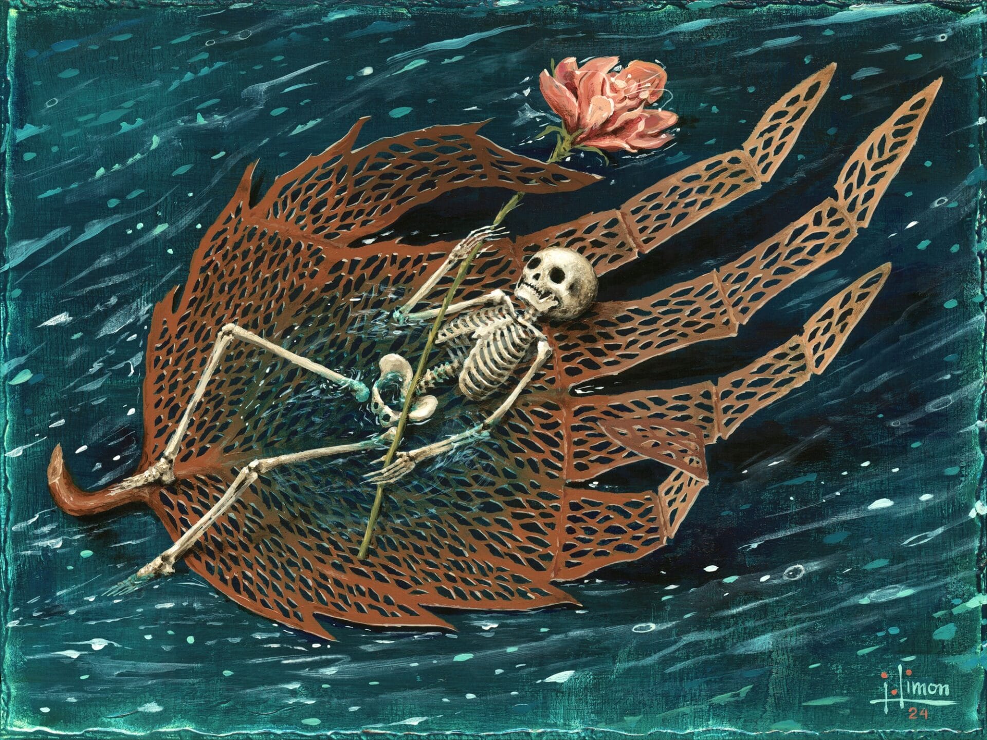 a bronze papercut hand holds a skeleton figure holding a pink rose as it floats on blue water