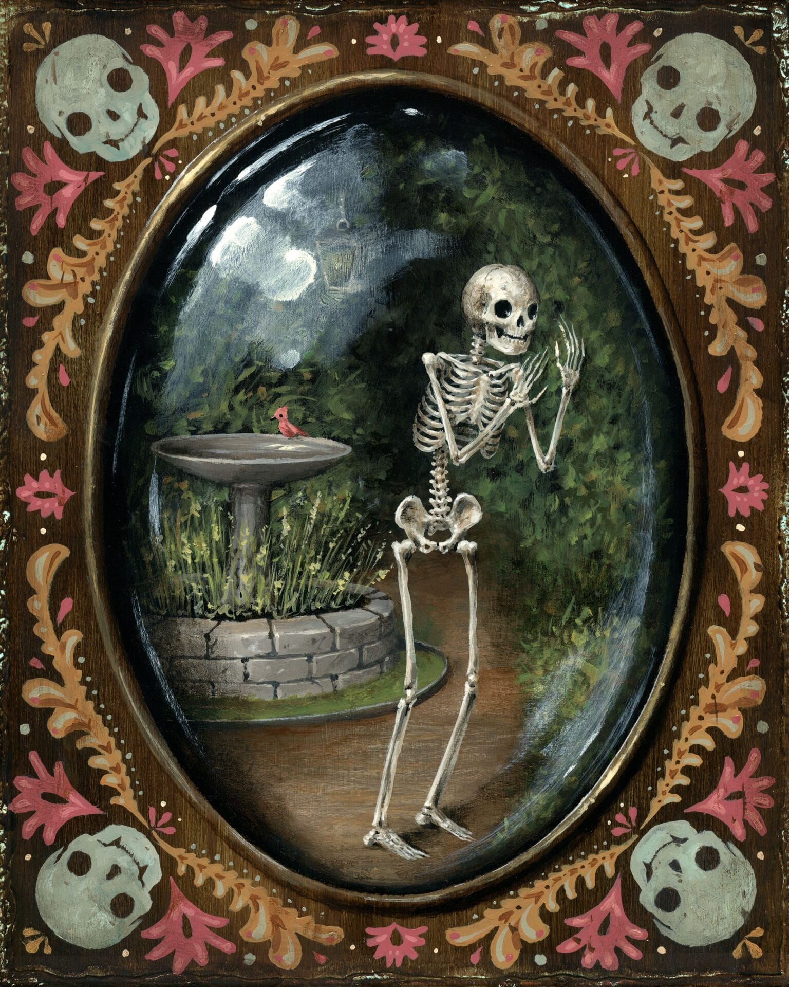 a skeleton is trapped in a garden that's in a frame. four gray skeletons are in the corner of the frame with orange and pink motifs surrounding