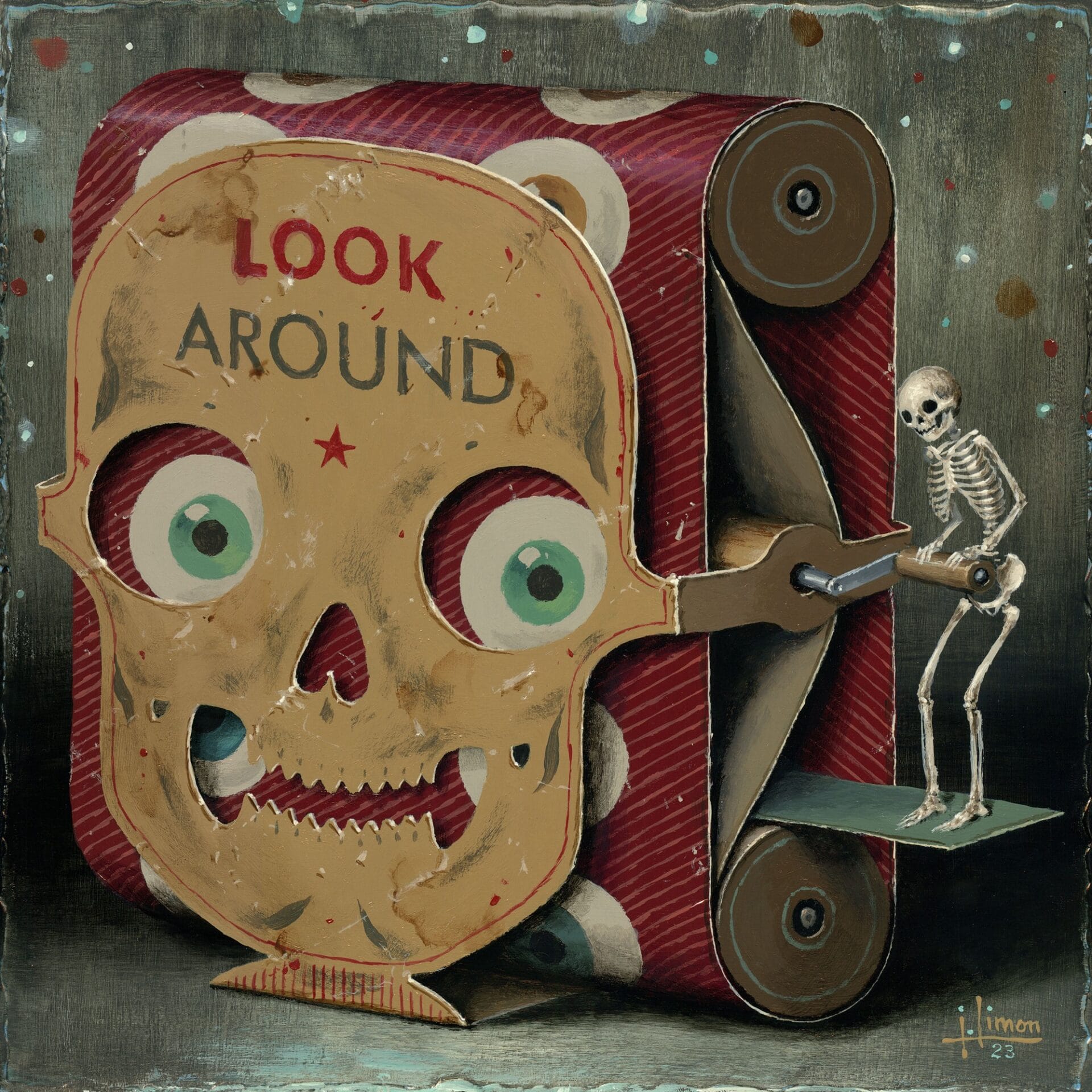 a skeleton turns a knob attached to a large paper scroll with a skull on it that says "look around" on its forehead