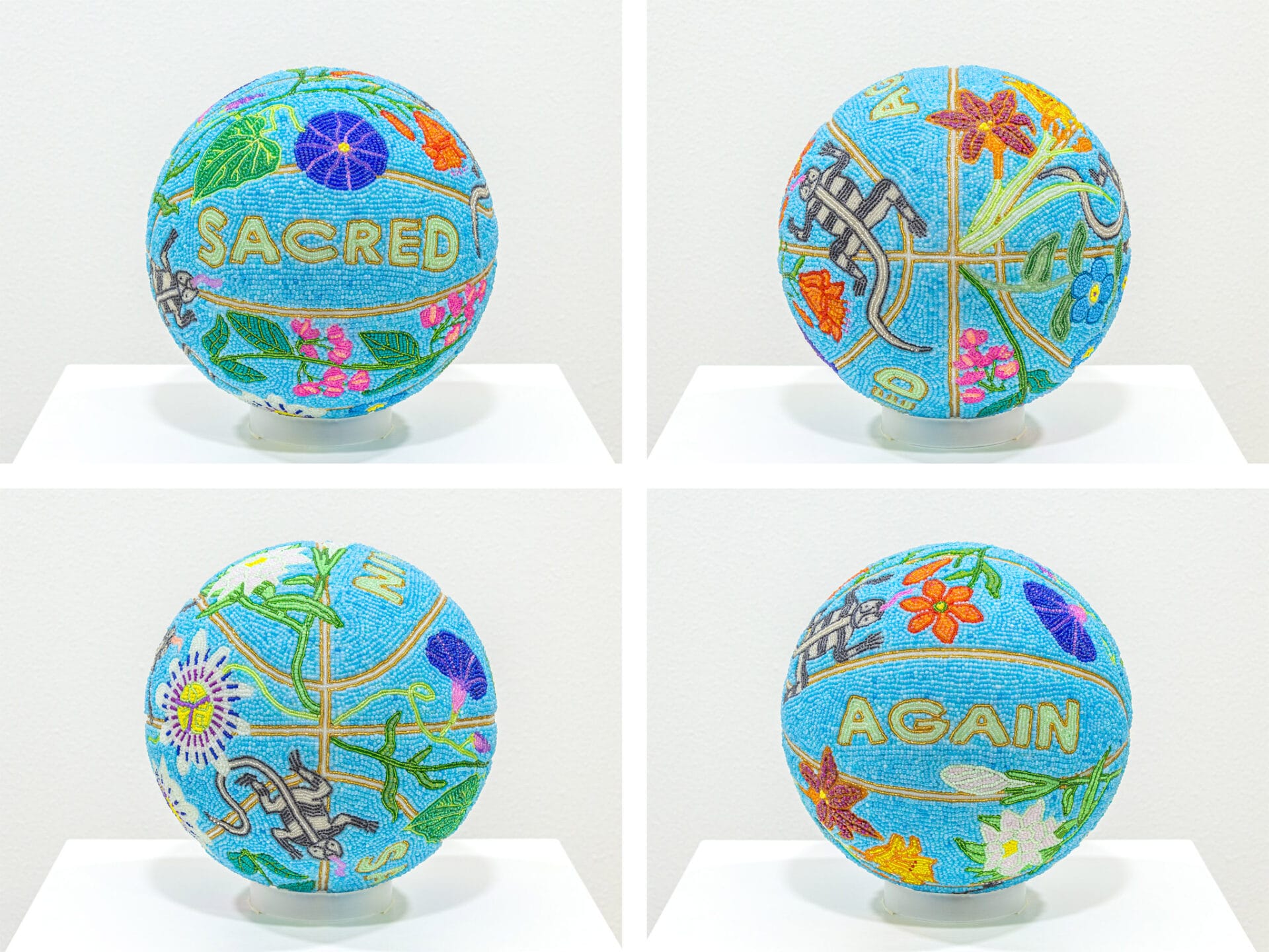 a four-up image of different views of a teal glass bead-coated spherical sculpture made from a basketball depicting the words "sacred" and "again" and various flowers and lizards