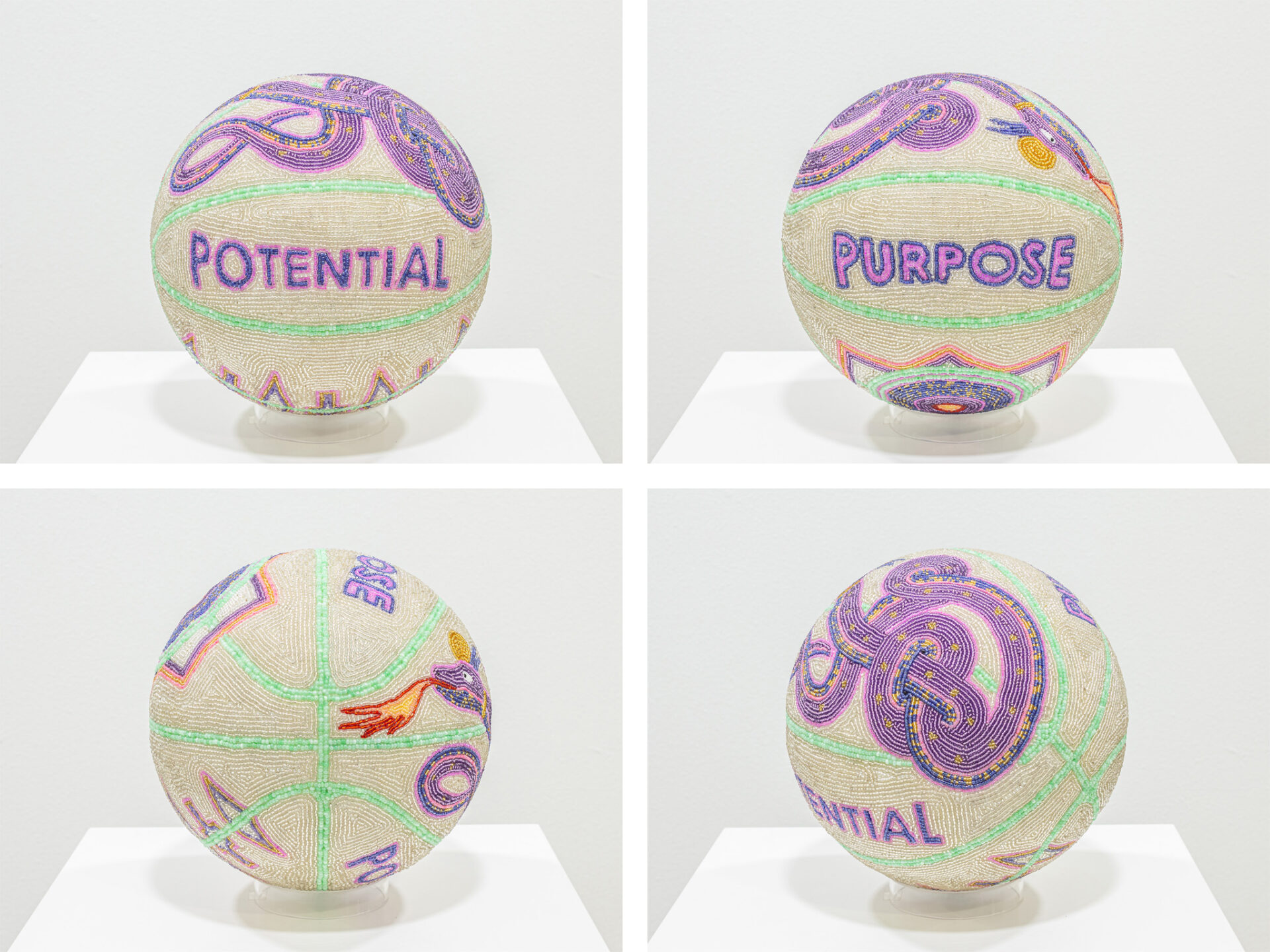 a four-up image of different views of a teal glass bead-coated spherical sculpture made from a basketball depicting the words "potential" and "purpose" and a fire-breathing snake