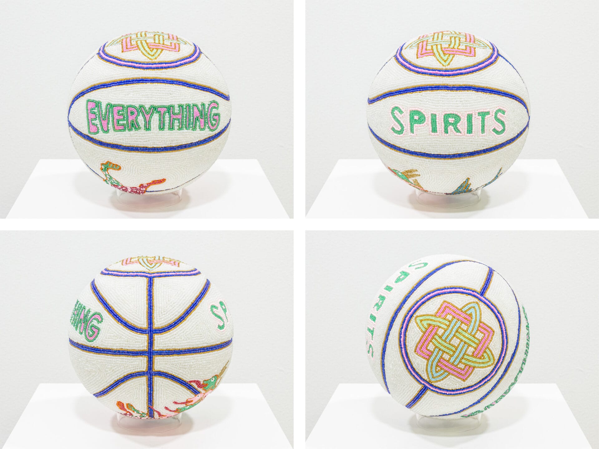 a four-up image of different views of a white glass bead-coated spherical sculpture made from a basketball depicting the words "everything" and "spirits" and a Celtic knot