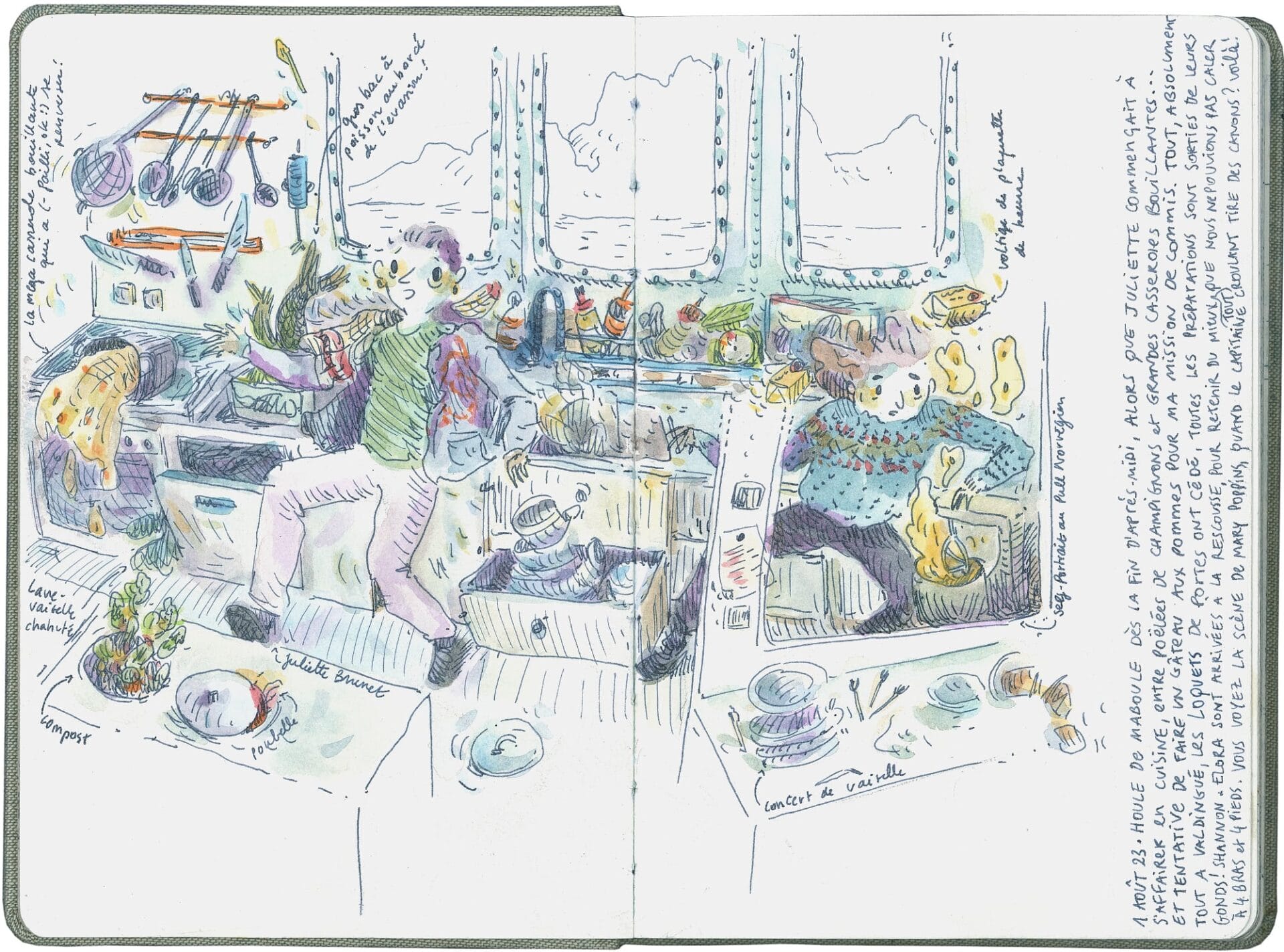 an open sketchbook with a drawing of people scrambling in a ship kitchen