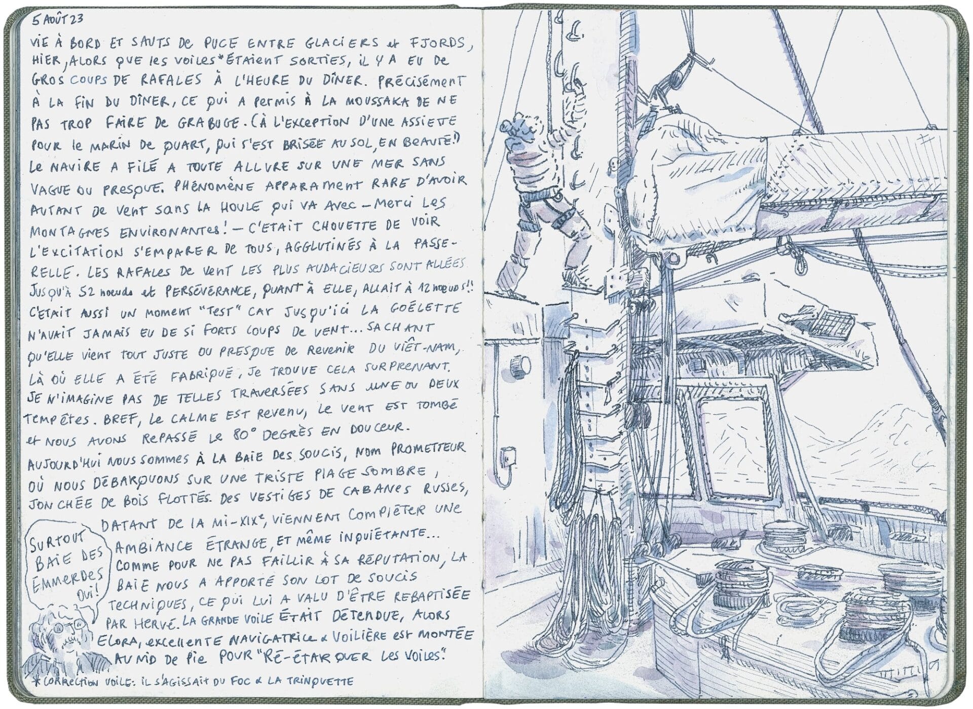 an open sketchbook with a drawing of a person hoisting something on a ship and writing on the left page
