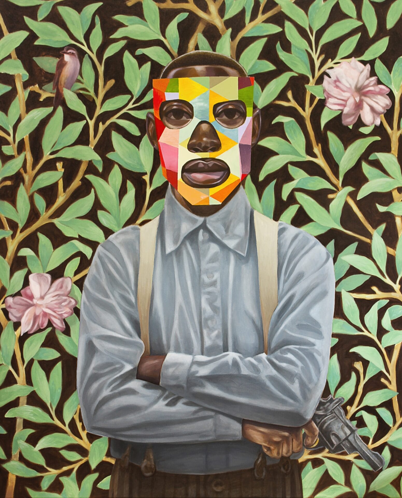 an oil painting of an imagined young black figure wearing a button down shirt and suspenders, in front of a foliage-patterned background nd holding a pistol, with his face covered in a geometrically patterned mask that reveals his eyes, nose, and mouth