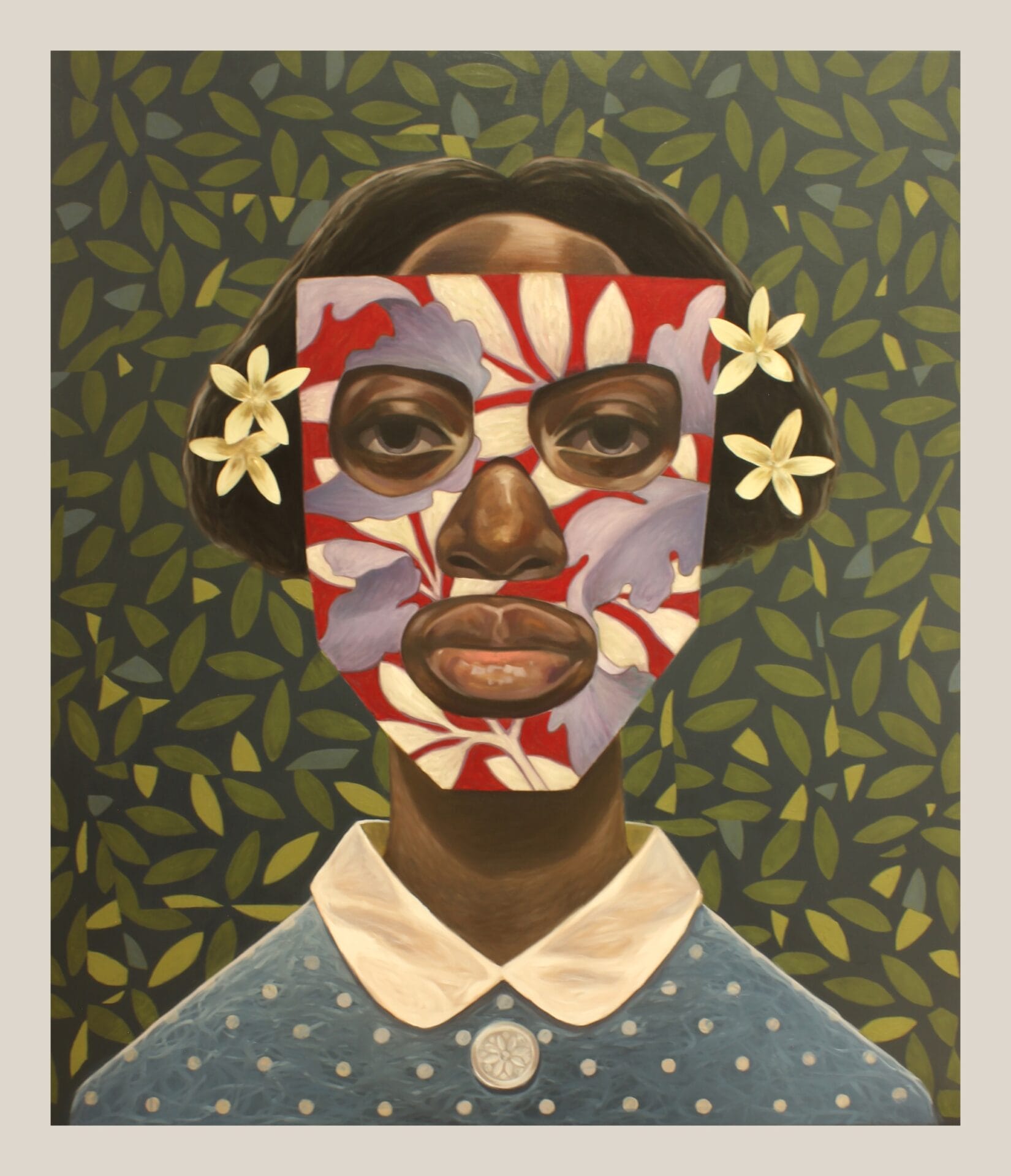 an oil painting of an imagined young black woman wearing a white and blue dress, in front of a green leafy background, wearing a patterned mask and flowers in her hair