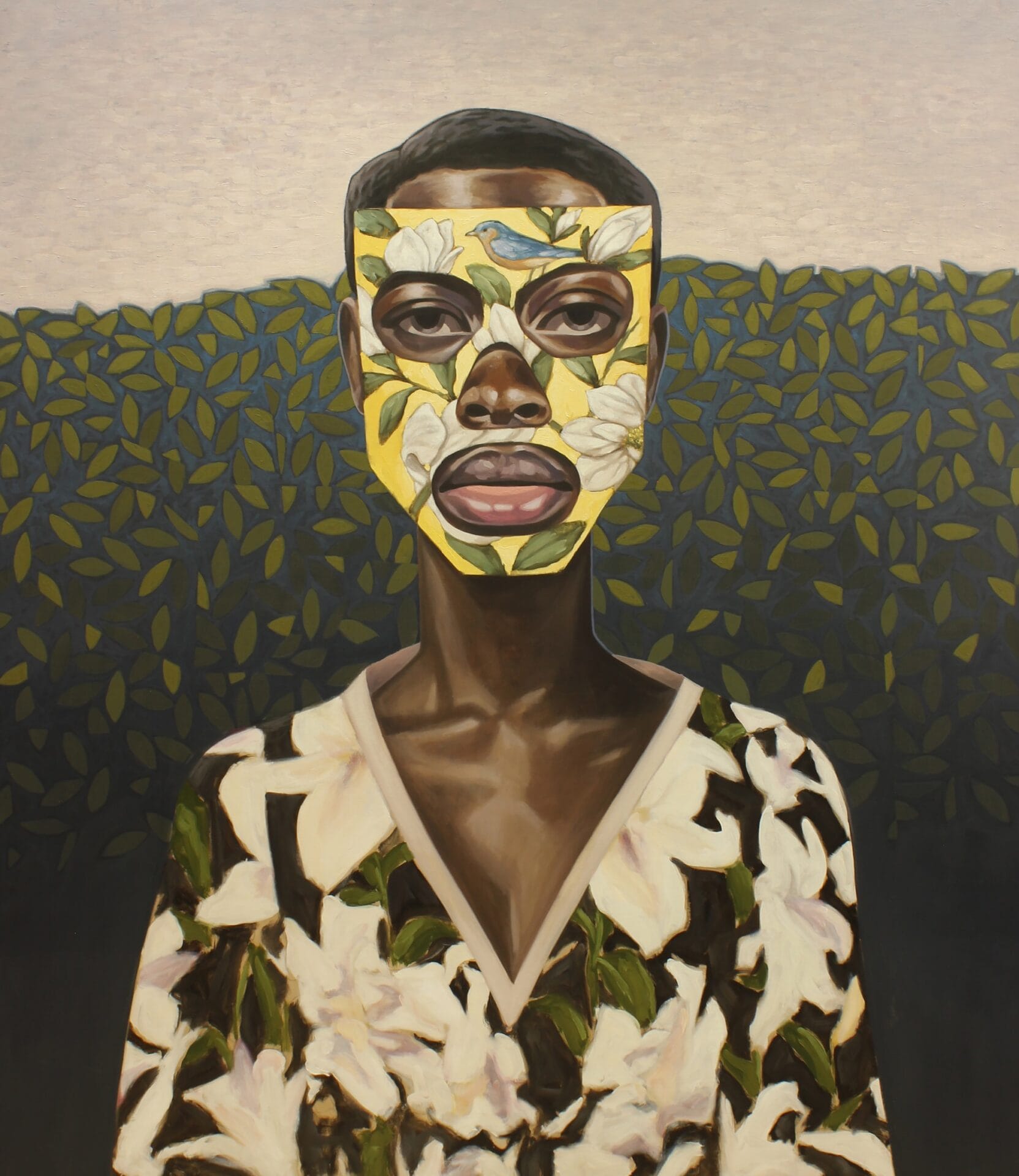 an oil painting of an imagined young black woman wearing a a floral top and a patterned face mask that reveals her eyes, nose and mouth