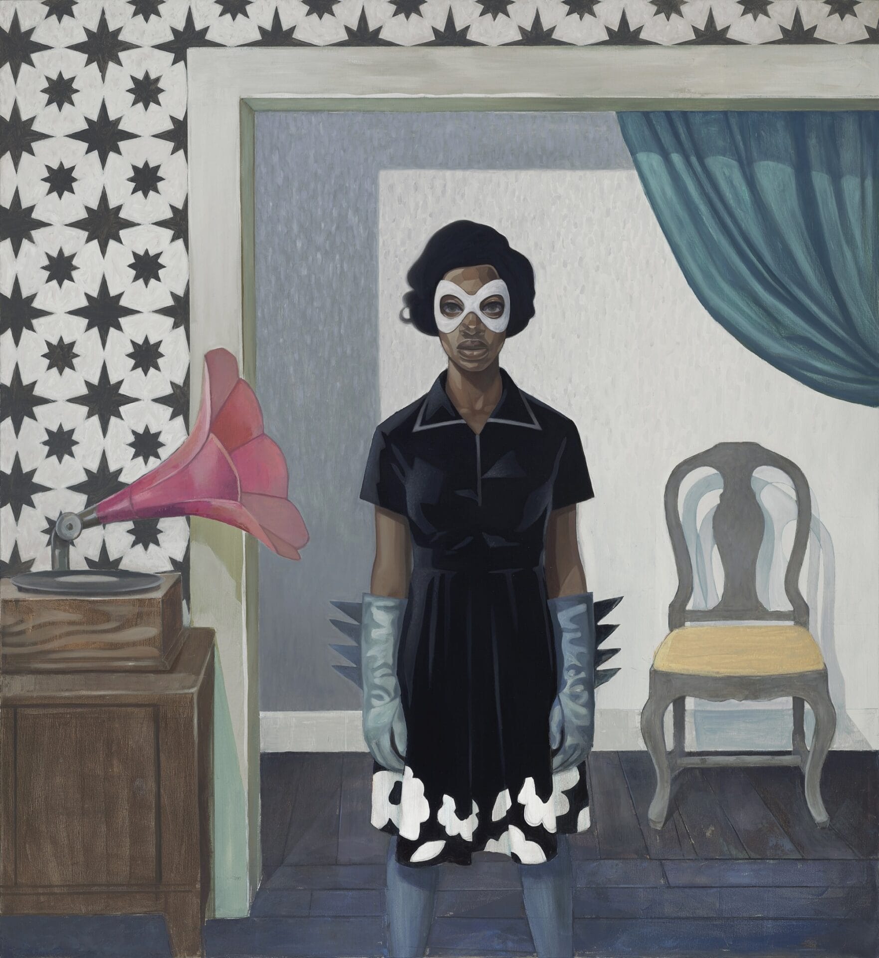 an oil painting of an imagined young black woman wearing a black and white dress, gloves, and an eye mask, standing in a room with patterned wallpaper, a pink gramophone, and a chair
