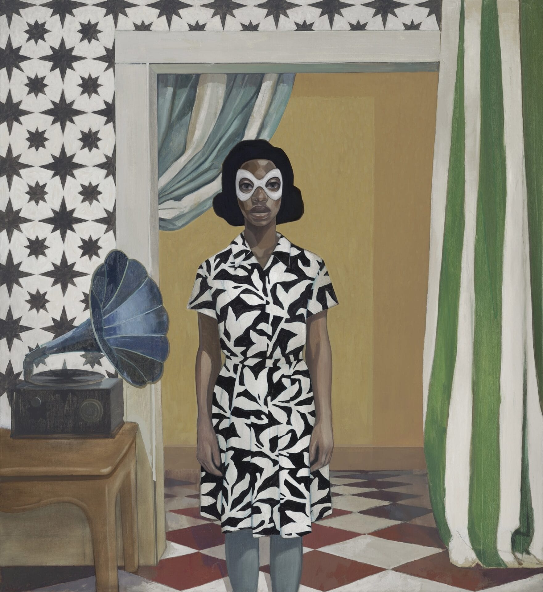 an oil painting of an imagined young black woman wearing a black and white dress and an eye mask, standing in a room with patterned wallpaper, a grammophone
