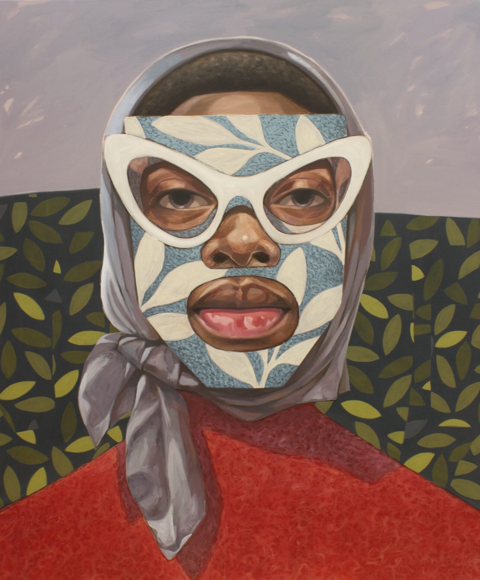 an oil painting of an imagined young black woman wearing a scarf on her head, a red top, a blue and white face covering that shows her eyes, nose, and mouth, and white cat-eye glasses