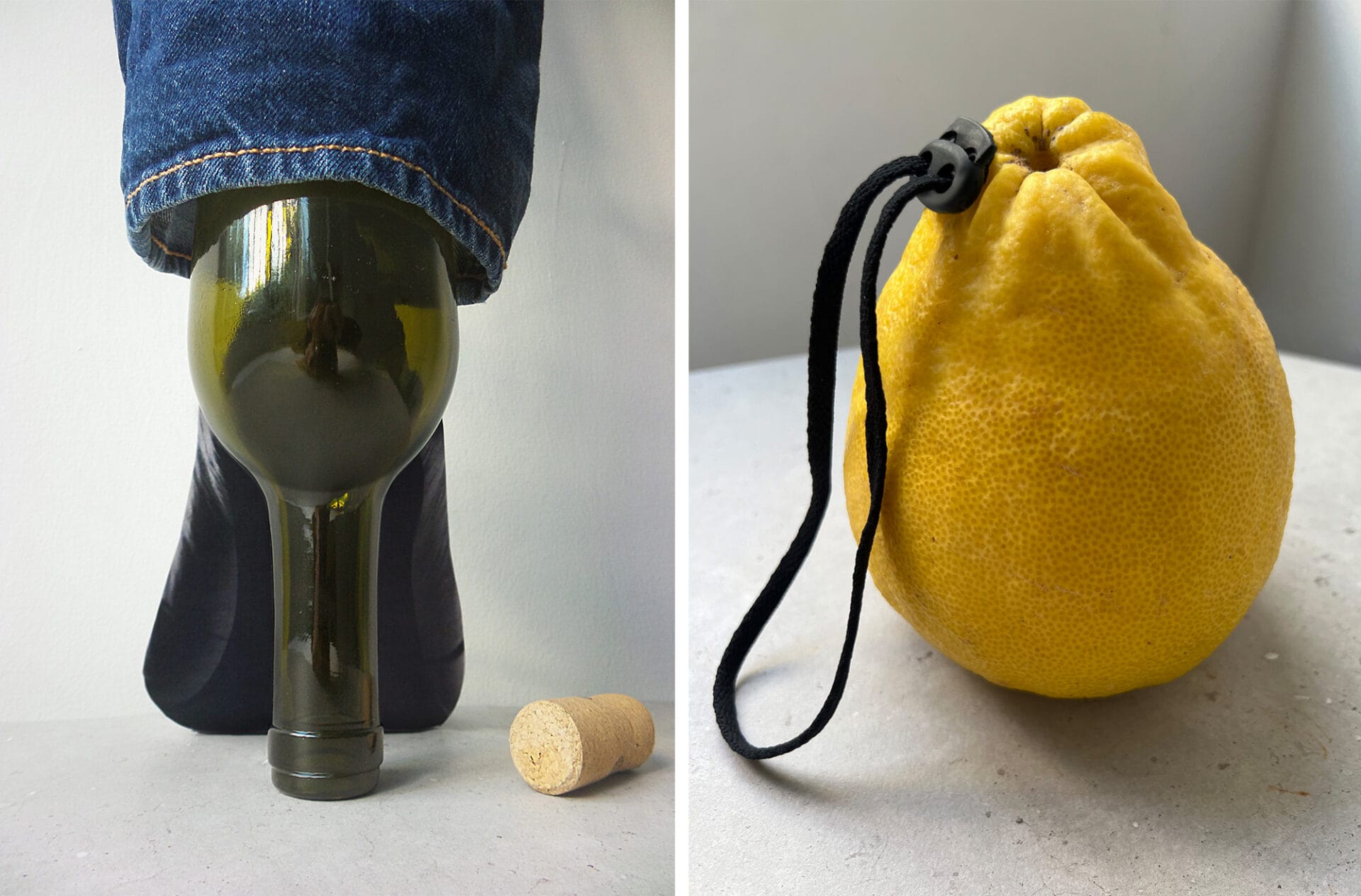 two image side by side showing, on the left, a wine bottle positioned like the heel of a stiletto with a cork next to it, and on the right, a lemon with the crinkled top around the stem looking cinched by an attached purse string