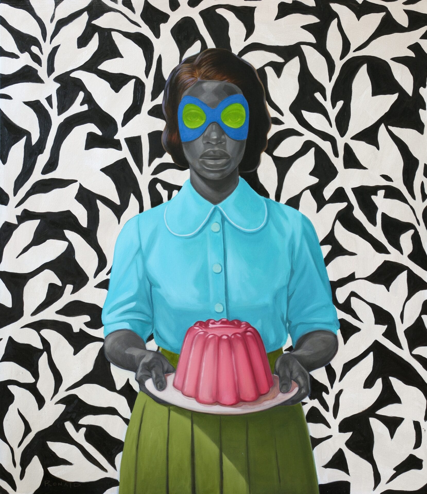 an oil painting of an imagined young black woman wearing a blue blouse and green skirt, standing in front of a black and white background holding a pink jello mold on a platter in front of her and wearing a blue and green eye mask