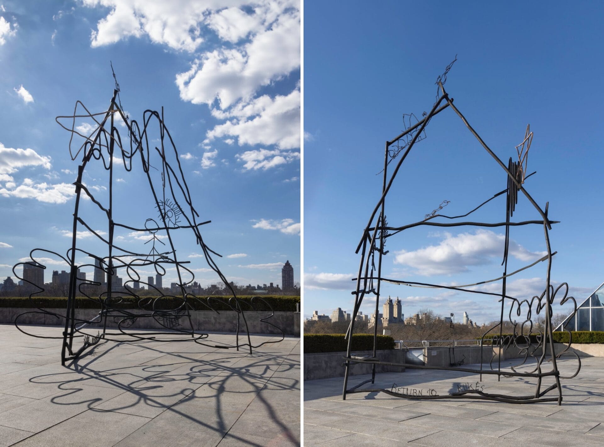 two views of a scratchy house sculpture on a roof that appears as if it was hand drawn