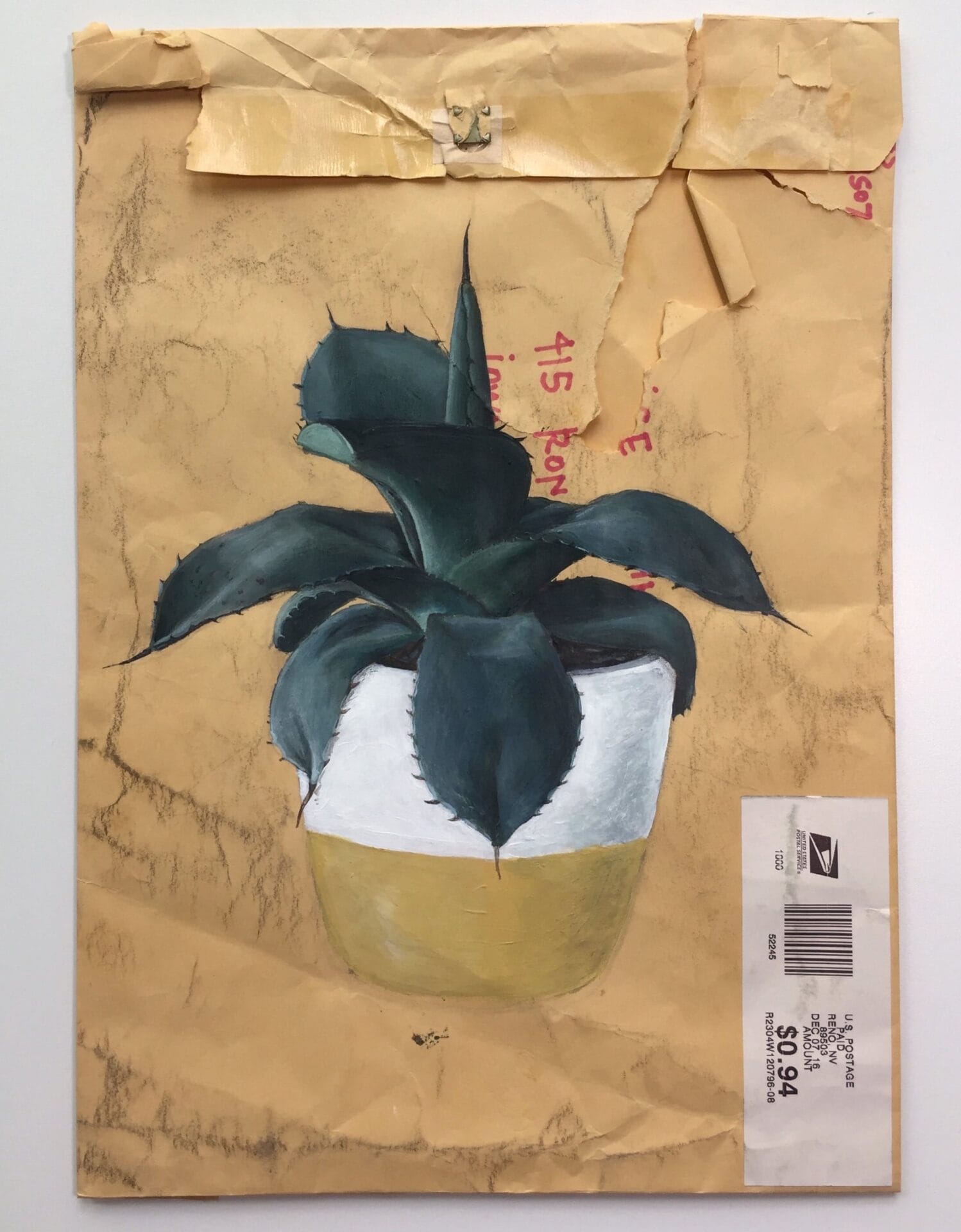 a yellow manila mailer with a plant in a gold and white pot