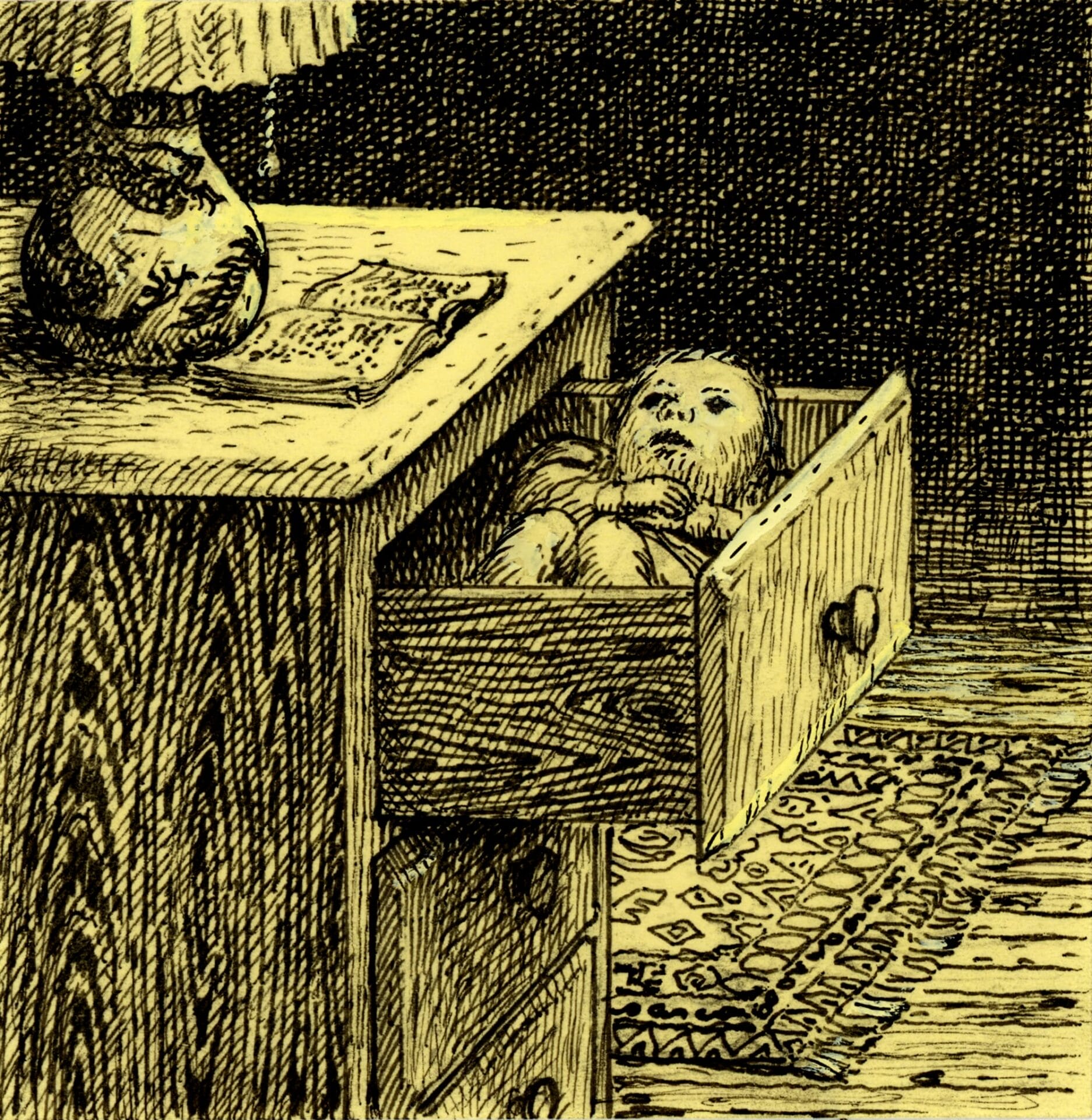 an ink drawing of a child laying in a dresser drawer that's open. a lamp and open book are on the top of the dresser