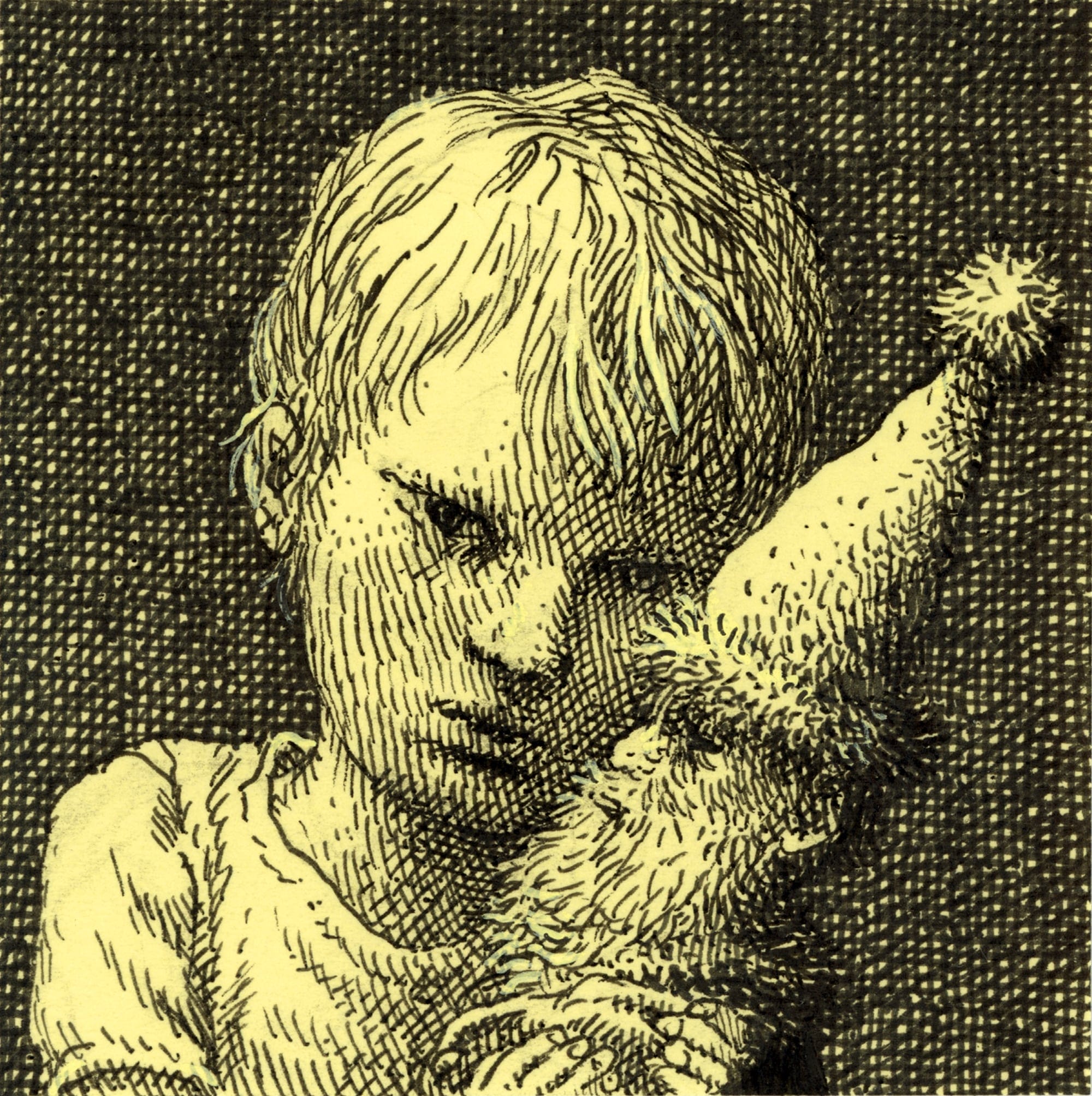 an ink drawing of a child holding a doll with a pointy hat