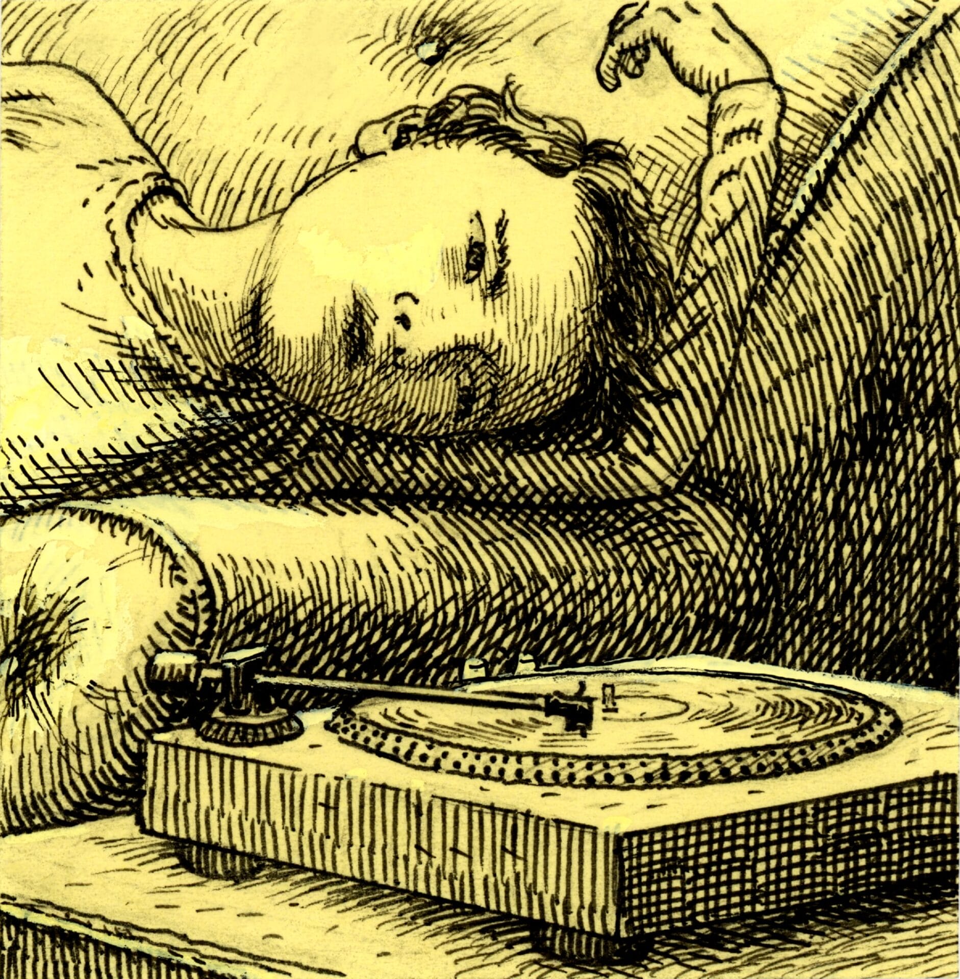 an ink drawing of a child resting on a couch and watching a record turn