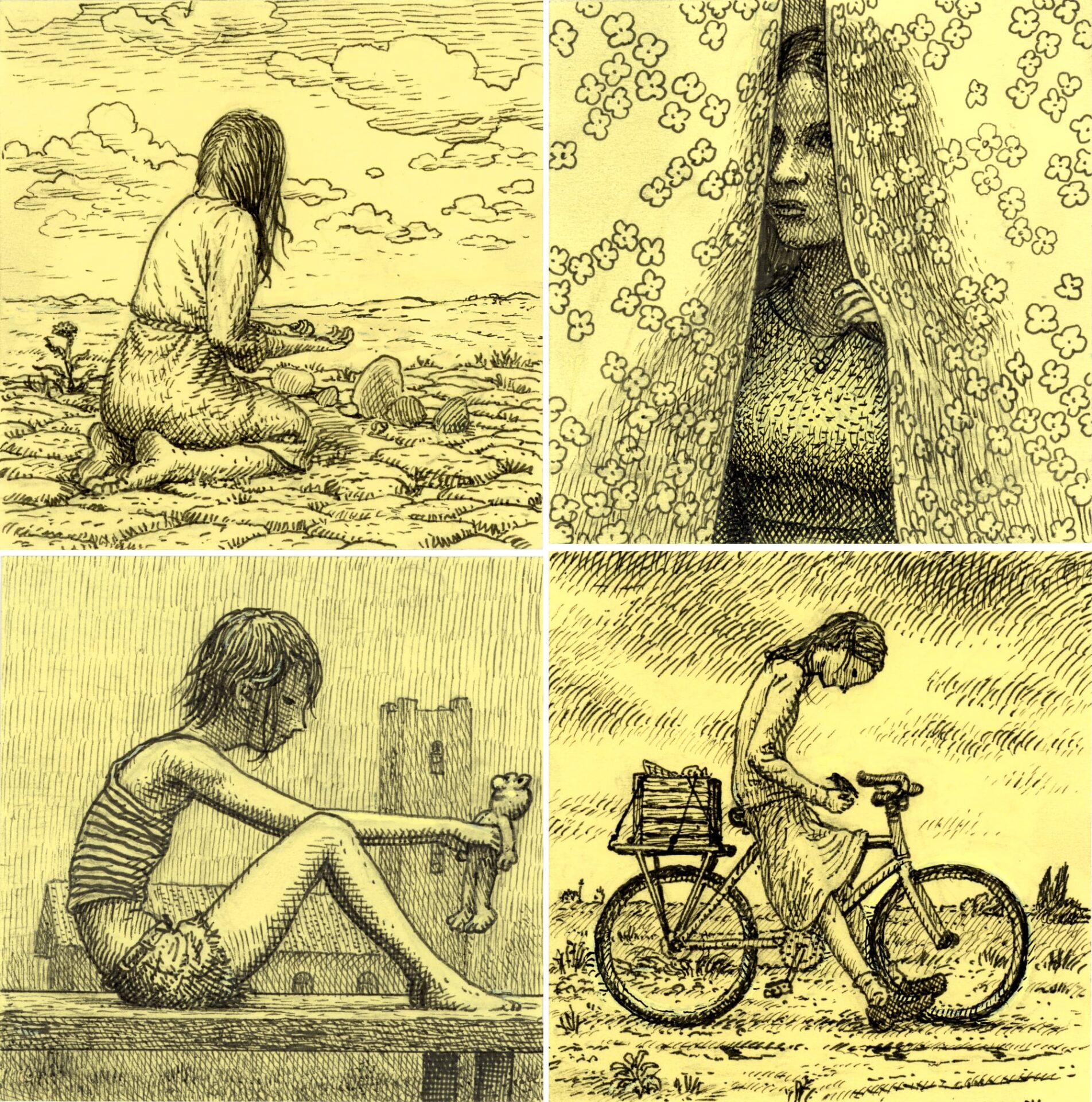 clockwise from top left: an ink drawing of a girl on her knees with in a field looking up at the clouds, an ink drawing of a girl peeking out through the middle of floral curtains, an ink drawing of a child in shorts and a tank top resting on a balcony holding a stuffed animal, an ink drawing of a girl stopped on a bike holding a bird