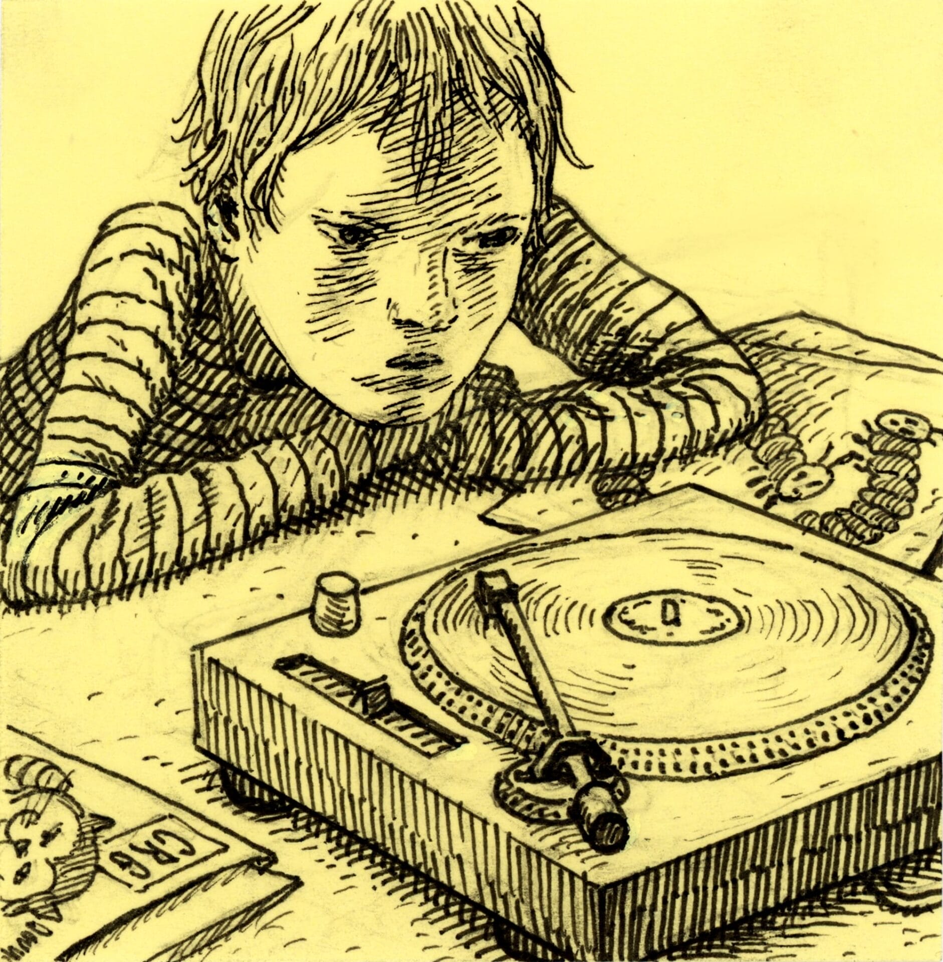 an ink drawing of a child in a striped shirt looking at a record player