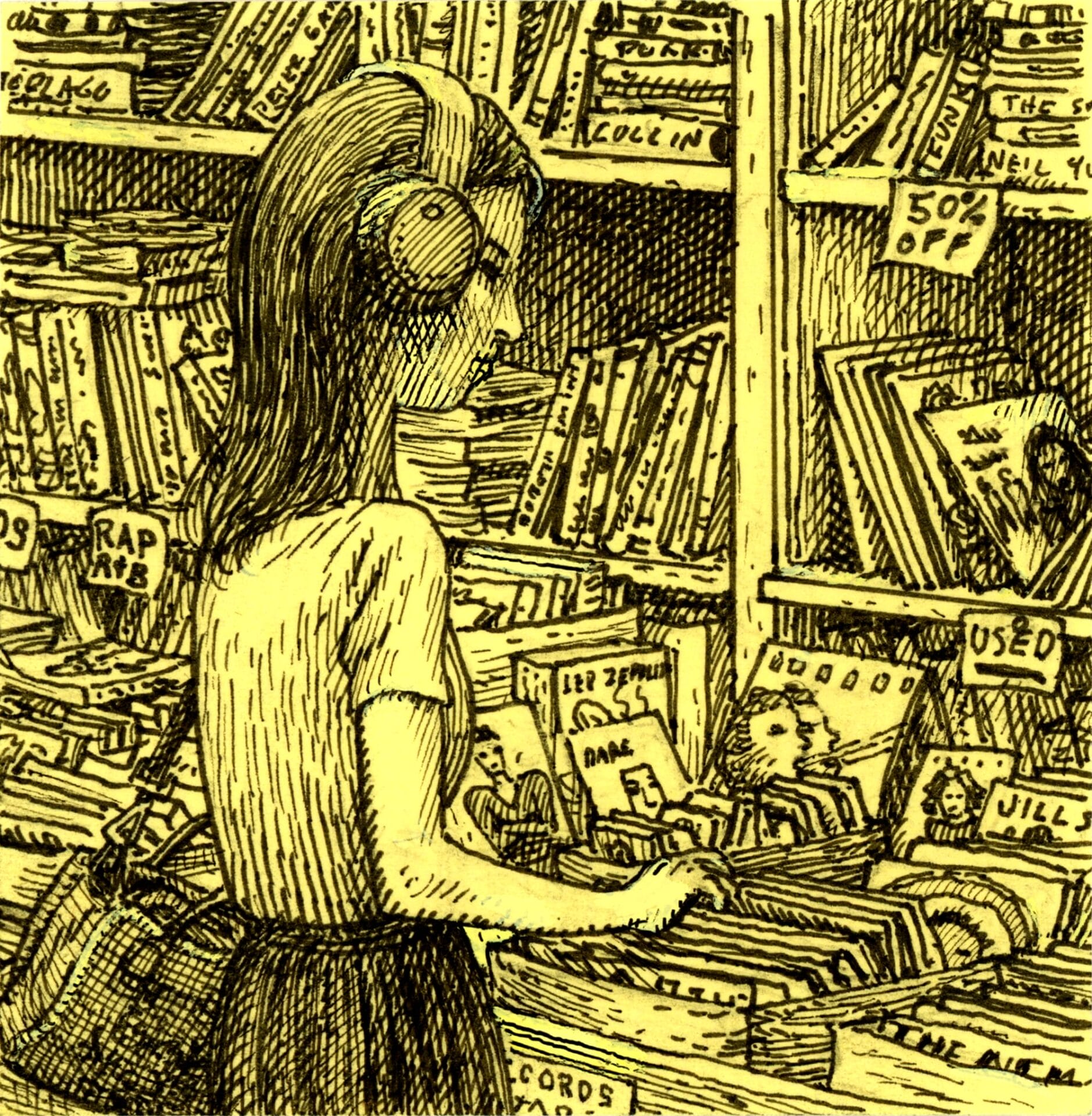 an ink drawing of a girl with large headphones on shopping for records