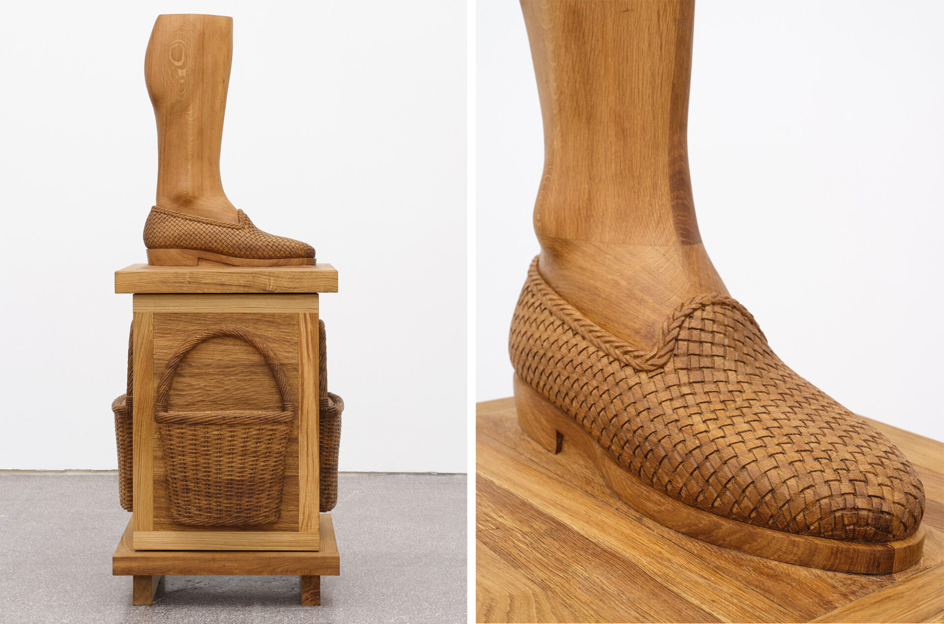 two side-by-side images of a sculptural oak cabinet with baskets around the sides and a foot on top with a woven loafer