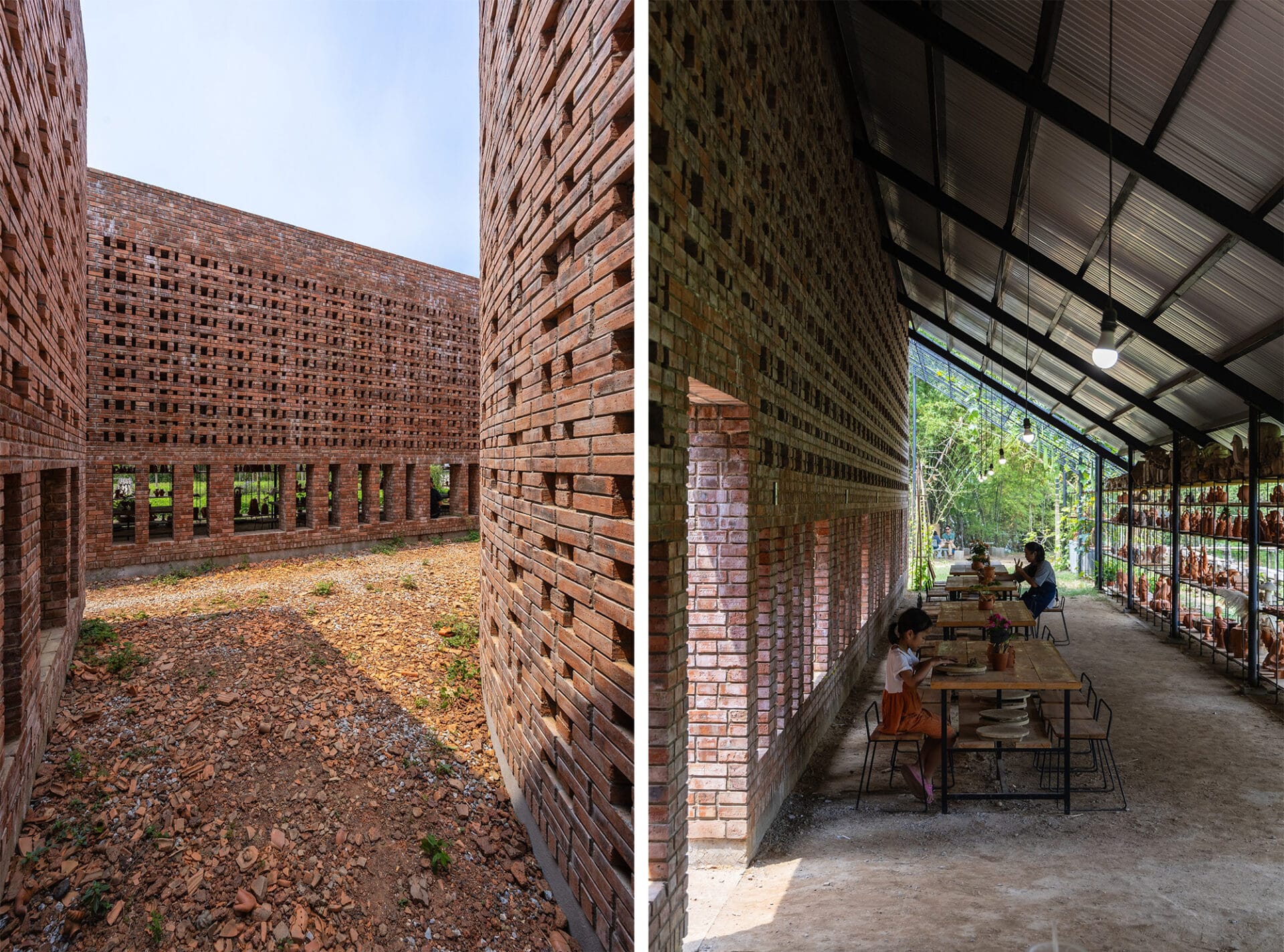 two images side-by-side of interior spaces in a contemporary brick building housing a terra cotta workshop