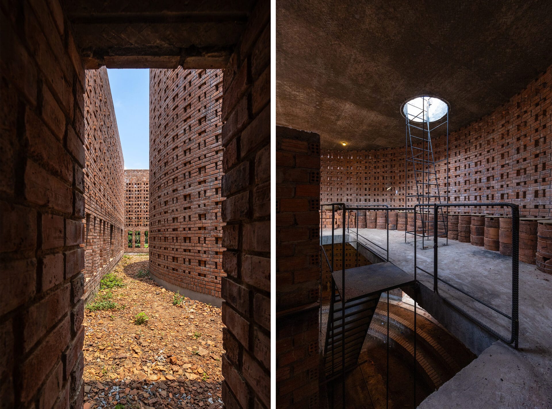 two side-by-side images of the interior of a terra cotta workshop building made of lattice-patterned brick walls