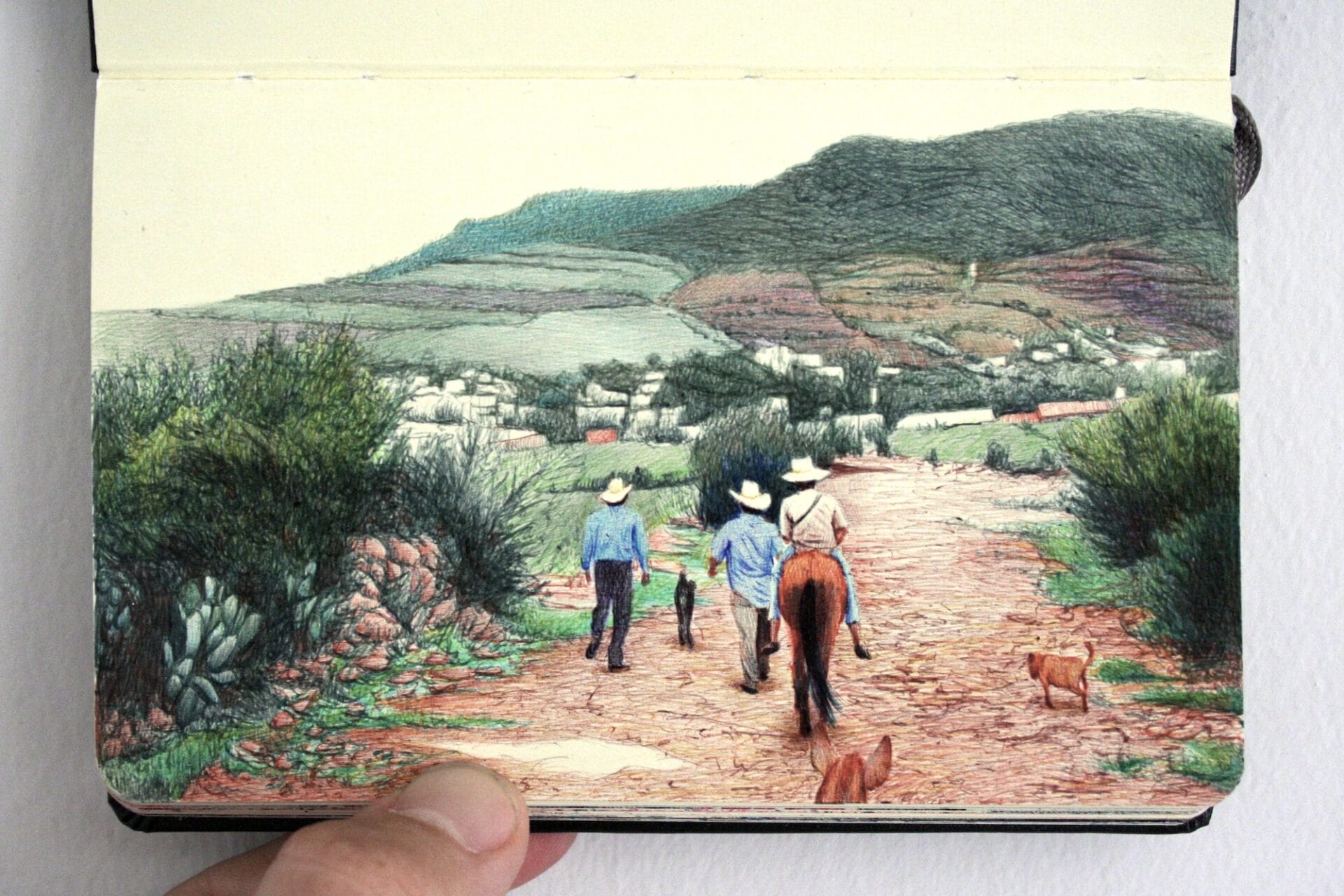 a ballpoint pen drawing of three men and a dog walking down a dirt road in an agricultural setting, in a small sketchbook