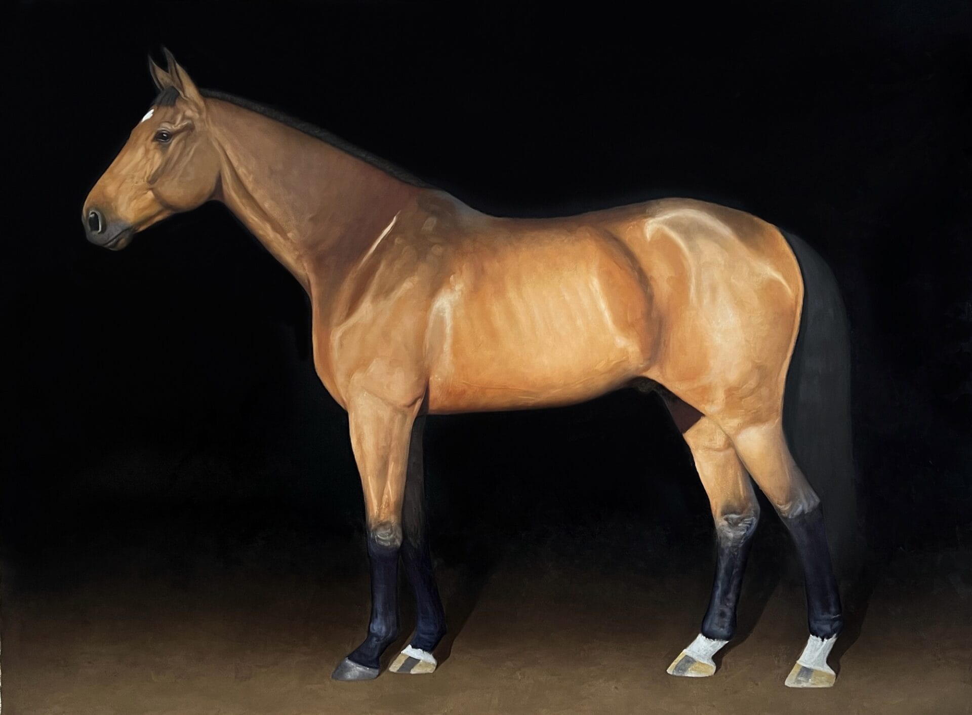 a realistic large-scale oil portrait of a brown horse 