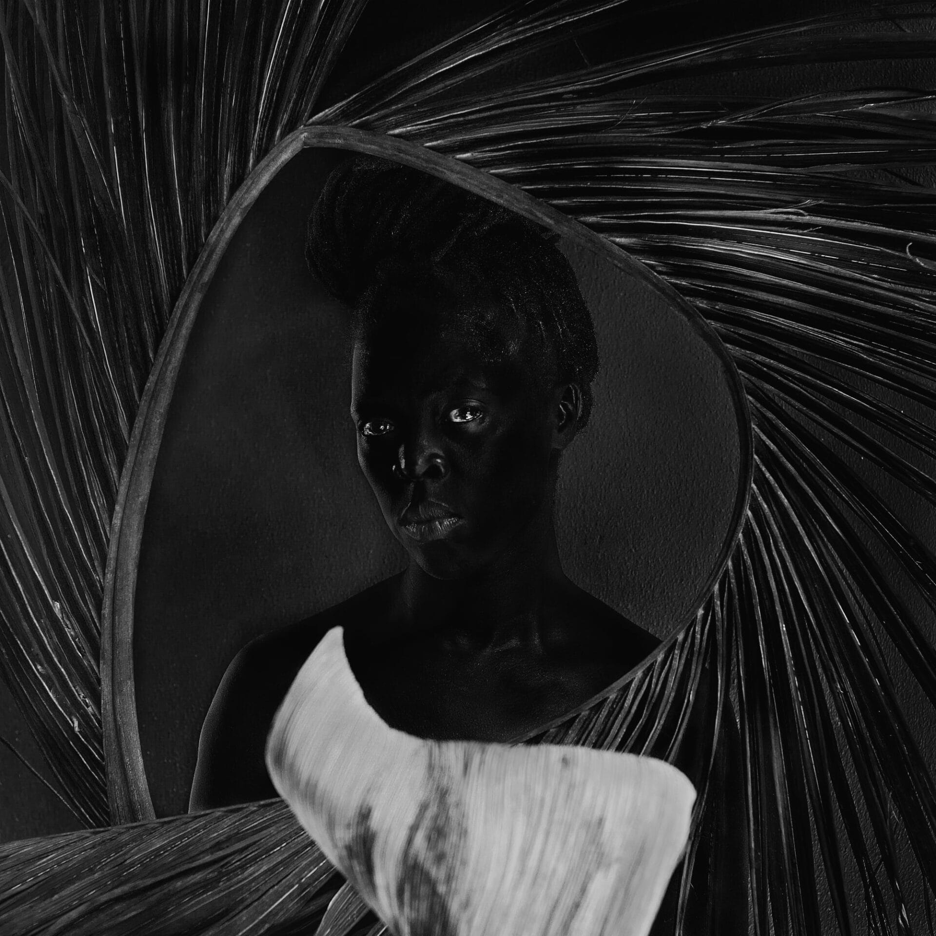 a black and white image of the artist in the middle of a circle of palm leaves