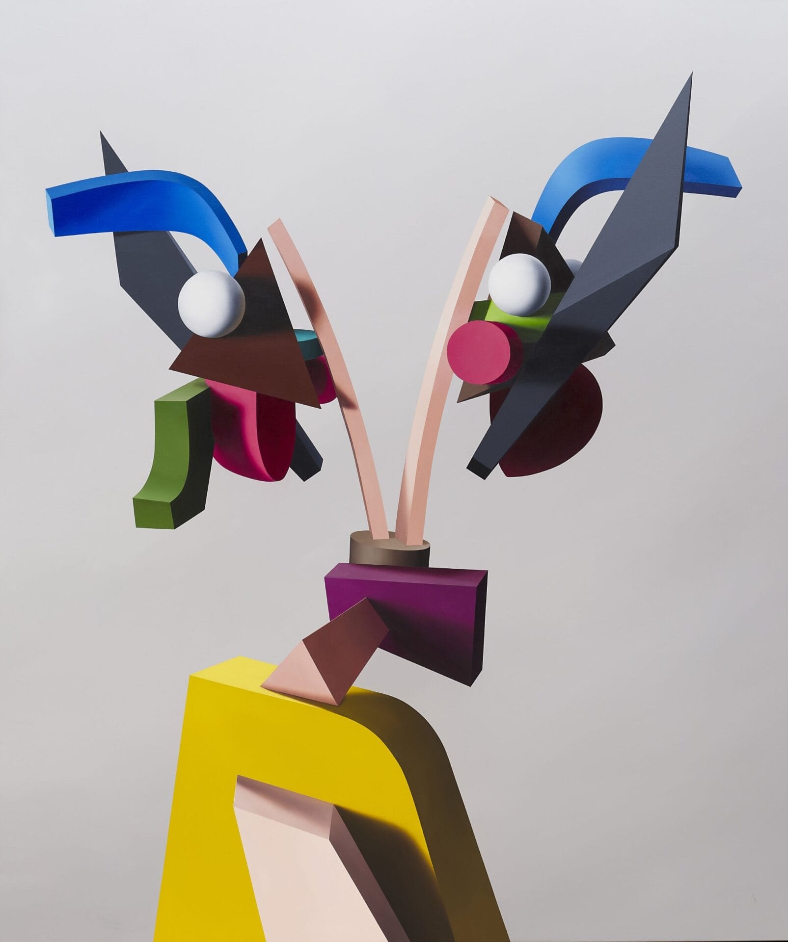 an abstract portrait of a figure with split eyes in chunky, colorful shapes