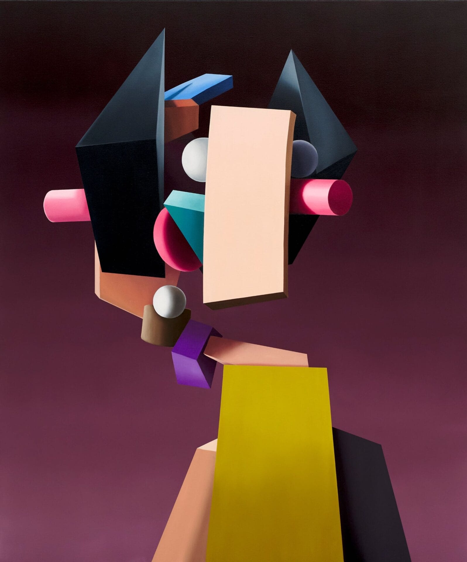 an abstract portrait of a figure painted chunky, colorful shapes including pink cylinder ears