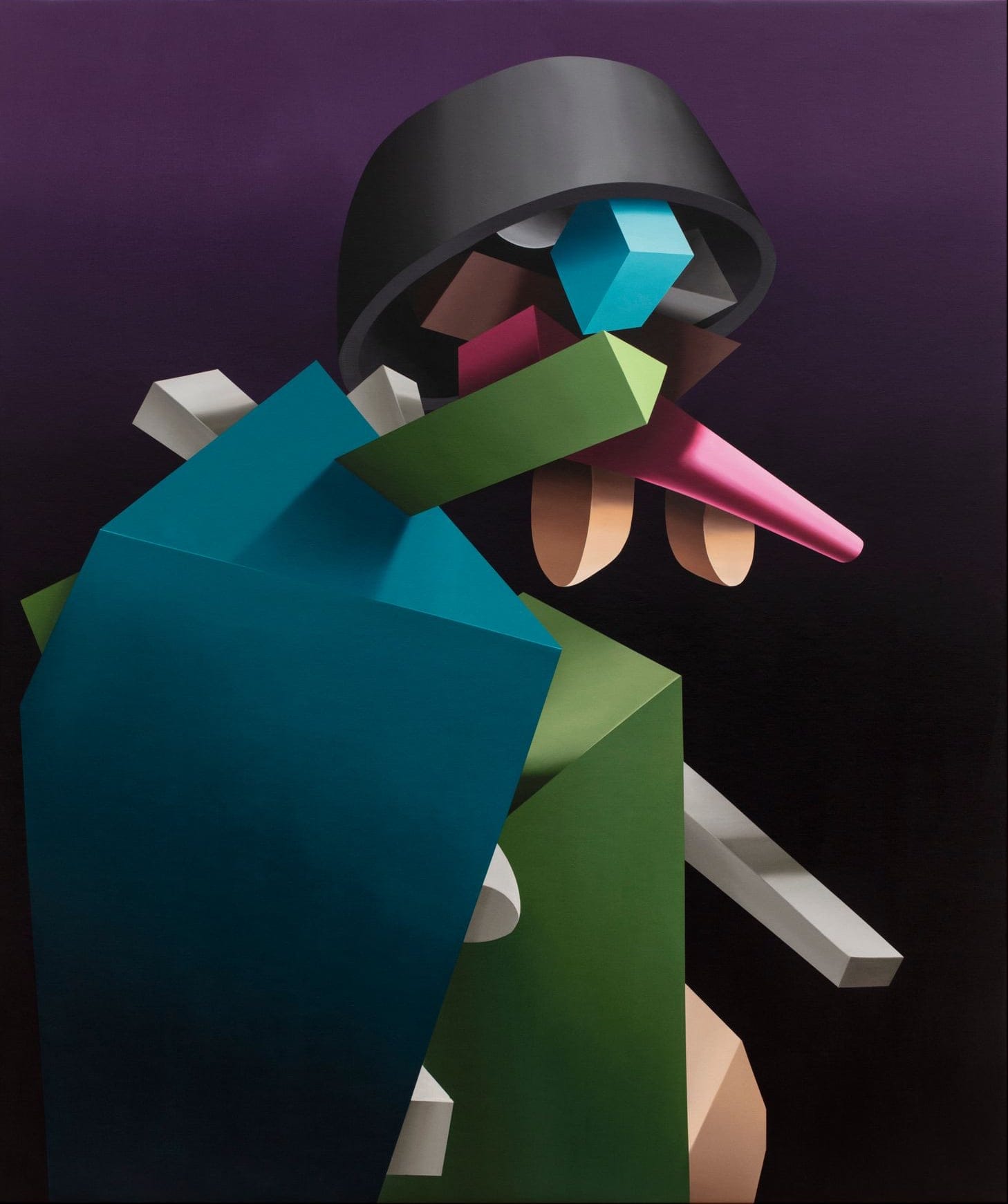 an abstract portrait of a figure painted chunky, colorful shapes including a blue body and black bowl shaped hat