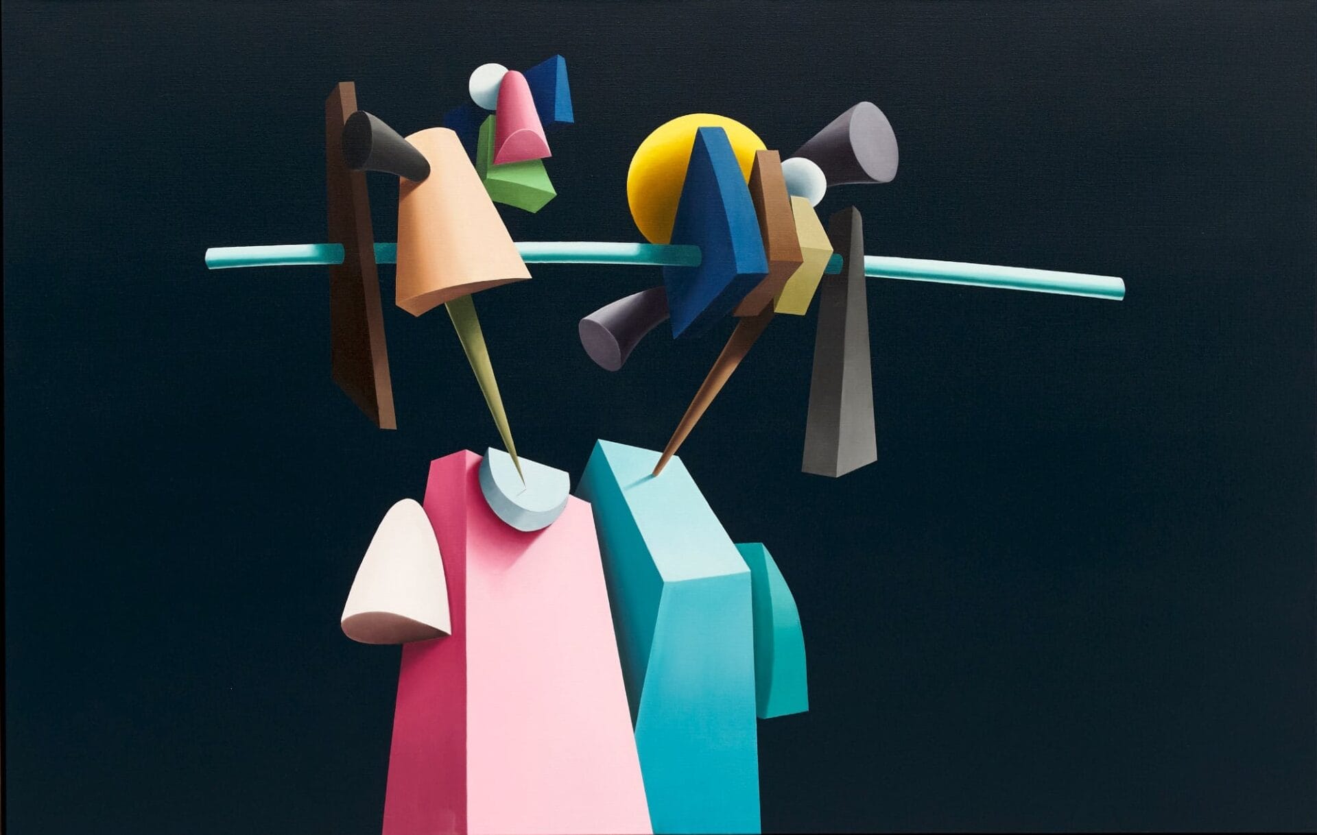 an abstract portrait of two figures painted chunky, colorful shapes. one wears pink and the other blue and a bar runs through their heads