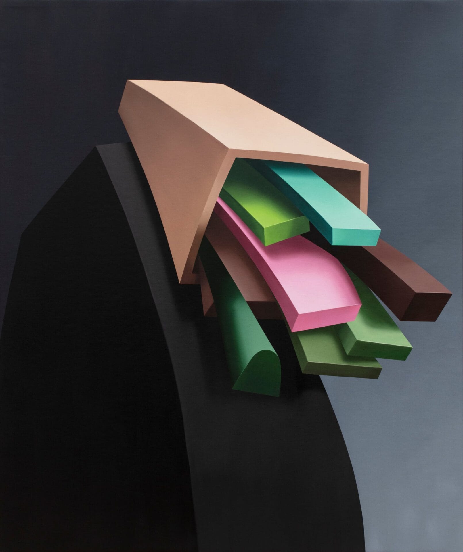 an abstract portrait of a figure painted chunky, colorful shapes including blue, green, and pink bars for a head