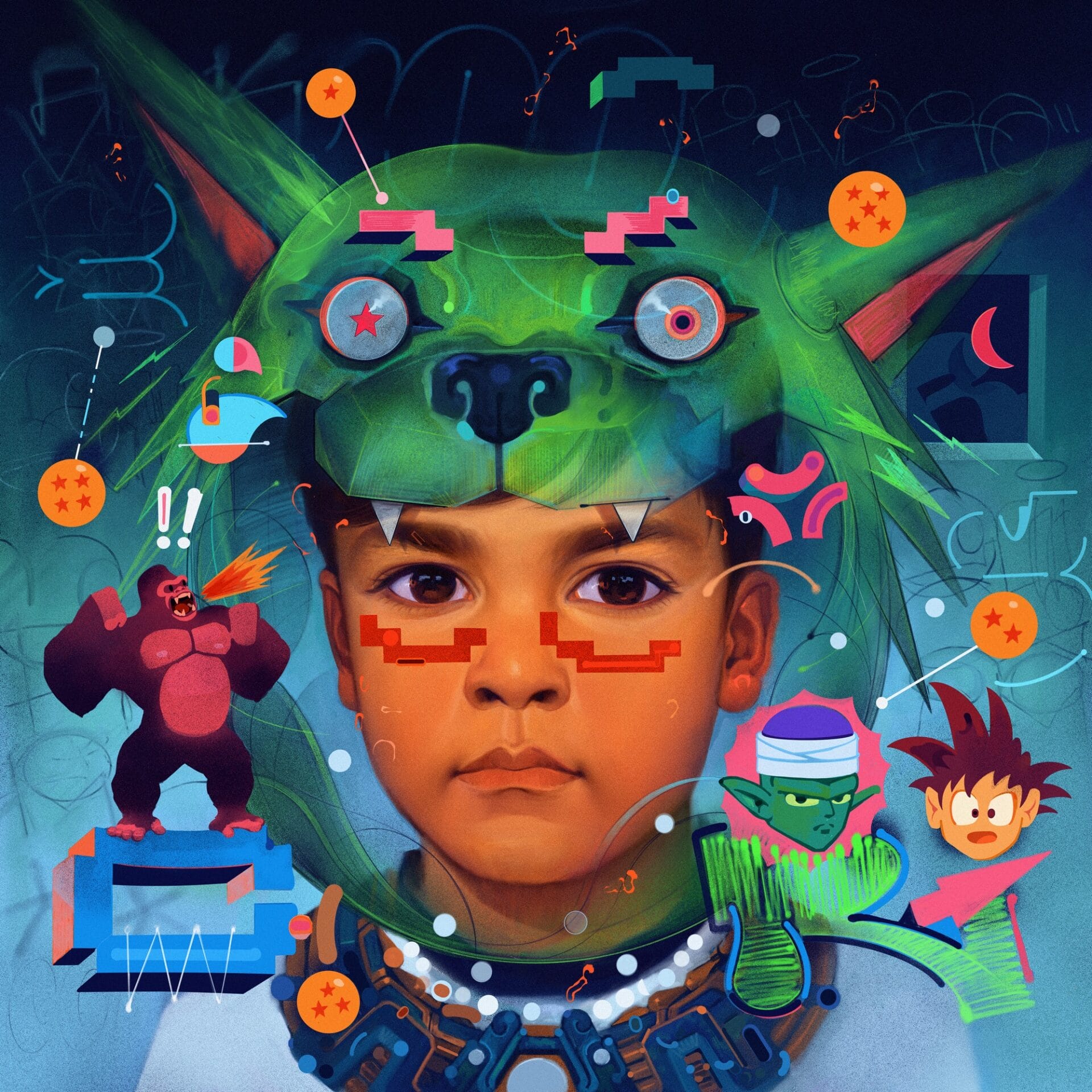 a young child wears a green wolf-like headdress and cartoon characters surrounding them