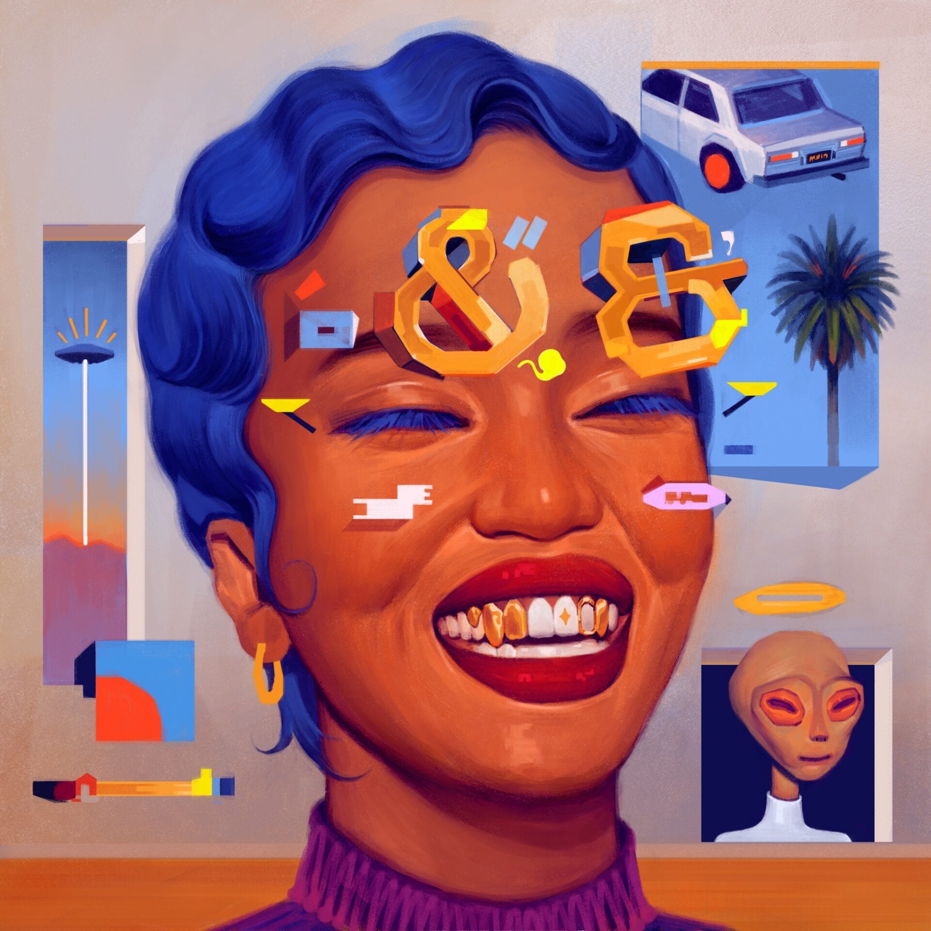a portrait of a woman white short blue hair and gold teeth smiling with ampersands, cars, trees and aliens surrounding her