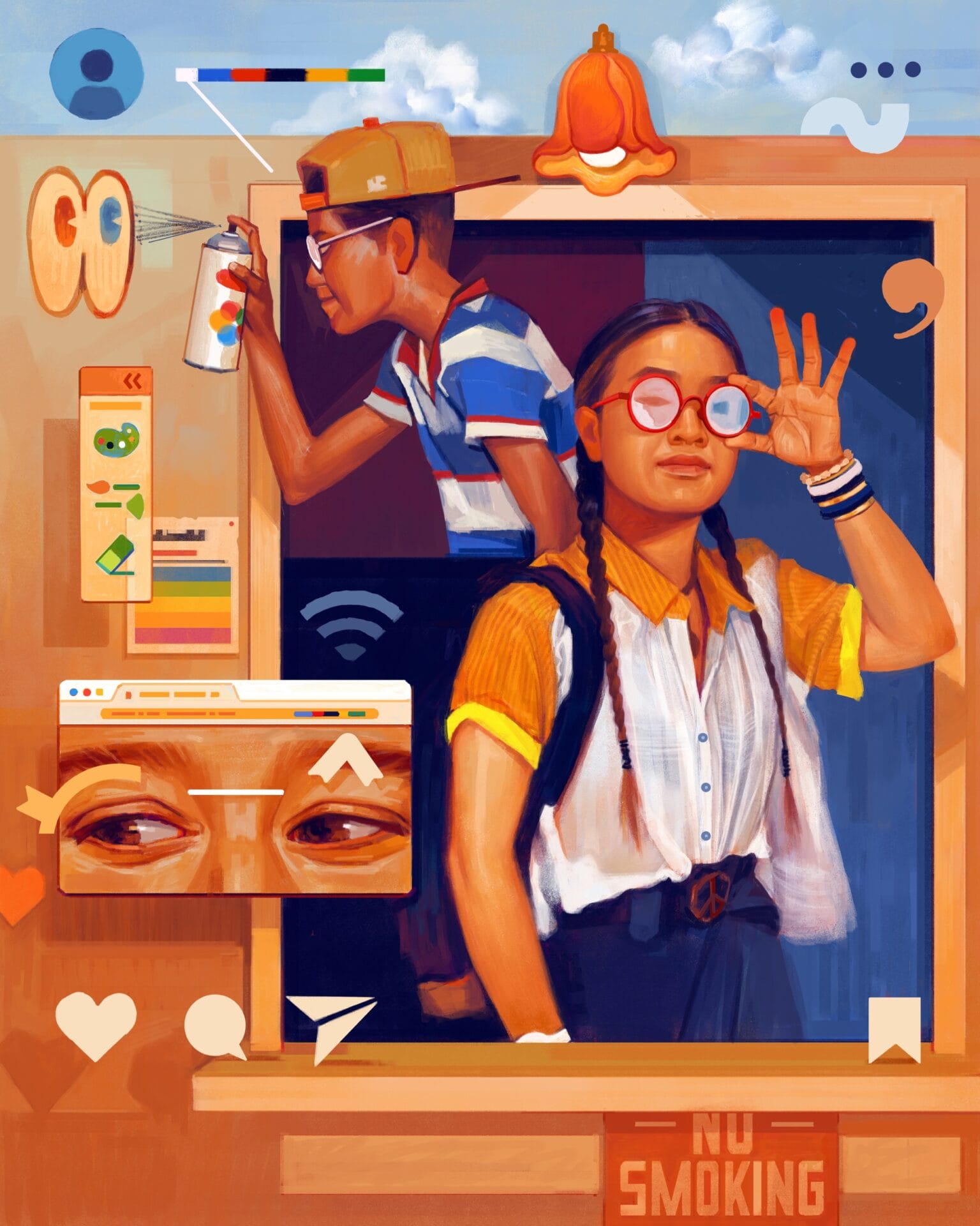 a girl with braids and a backpack touches her glasses while another kid in the background spraypaints two large eyes. small icons like hearts and quotes surround them